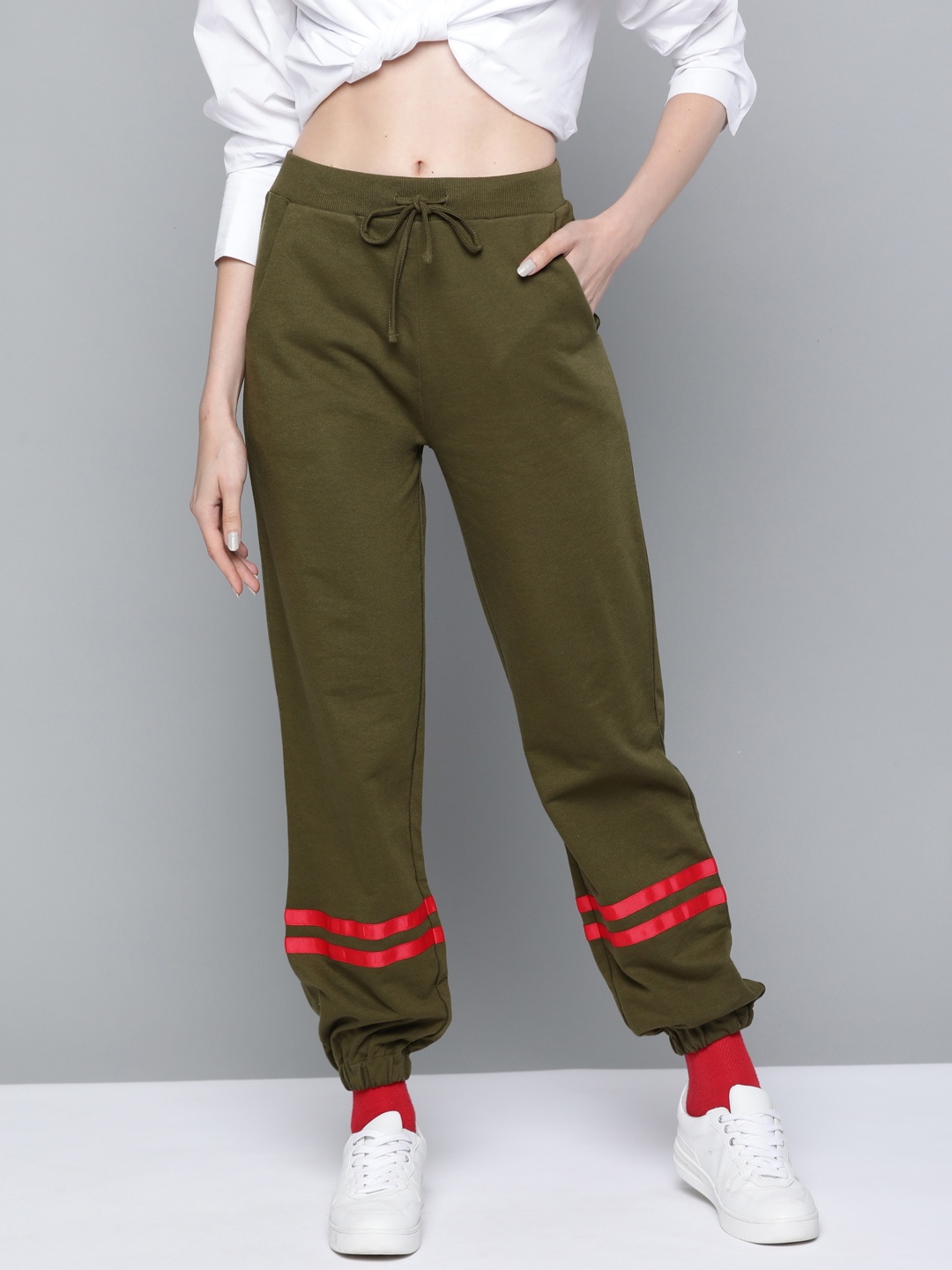 

SASSAFRAS Women Olive Green High-Rise Knitted Joggers