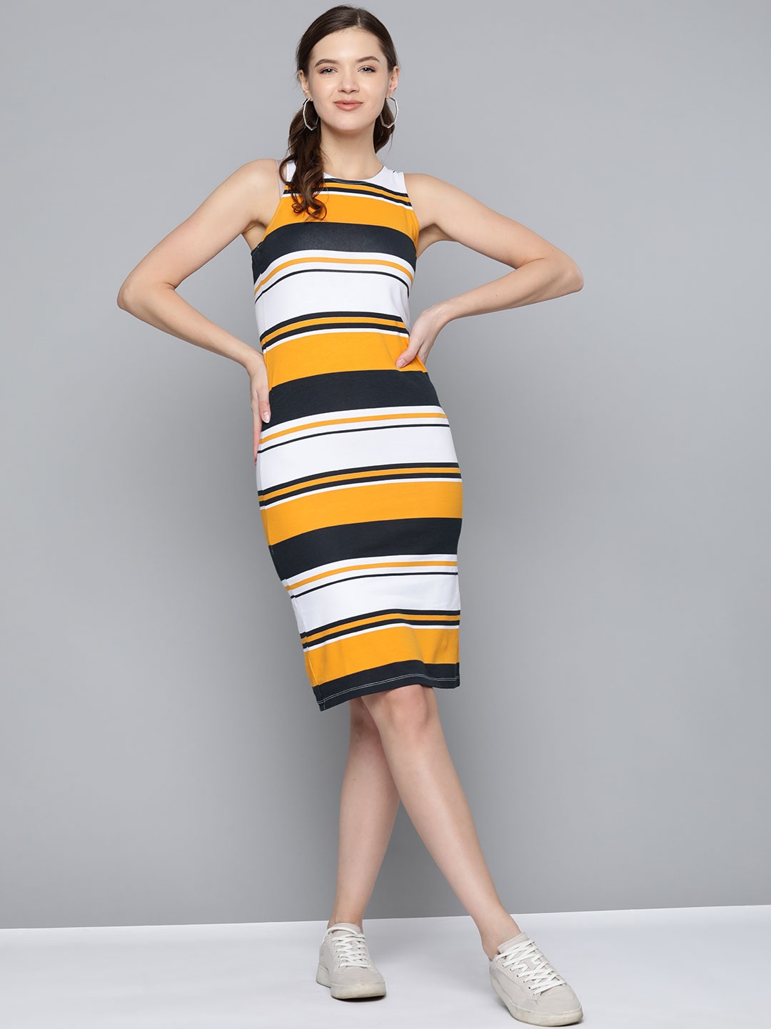 

SASSAFRAS Mustard Yellow & Black Pure Cotton Striped Sheath Dress