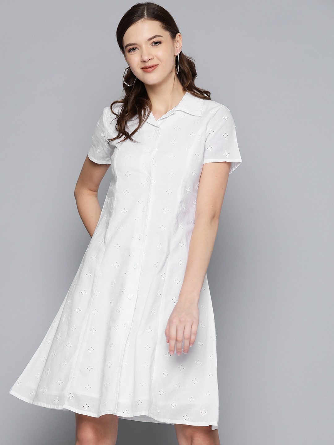 

SASSAFRAS White Floral Schiffli Embroidered Shirt Dress