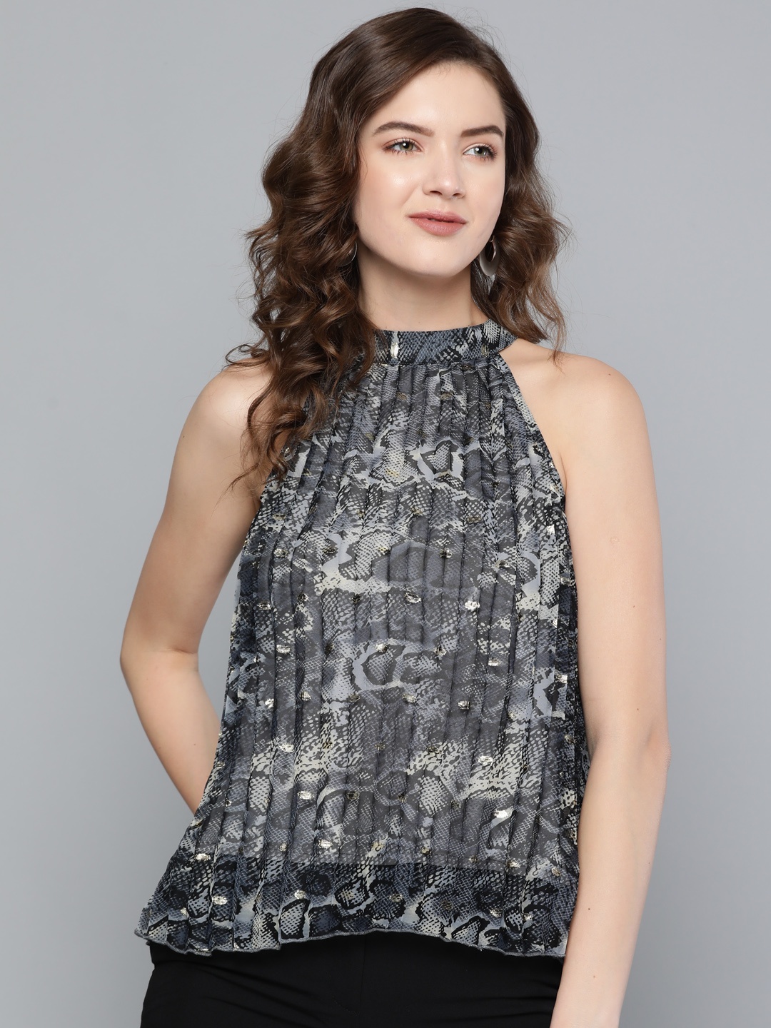 

SASSAFRAS Grey & Black Snake Skin Print Halter Neck Georgette Top