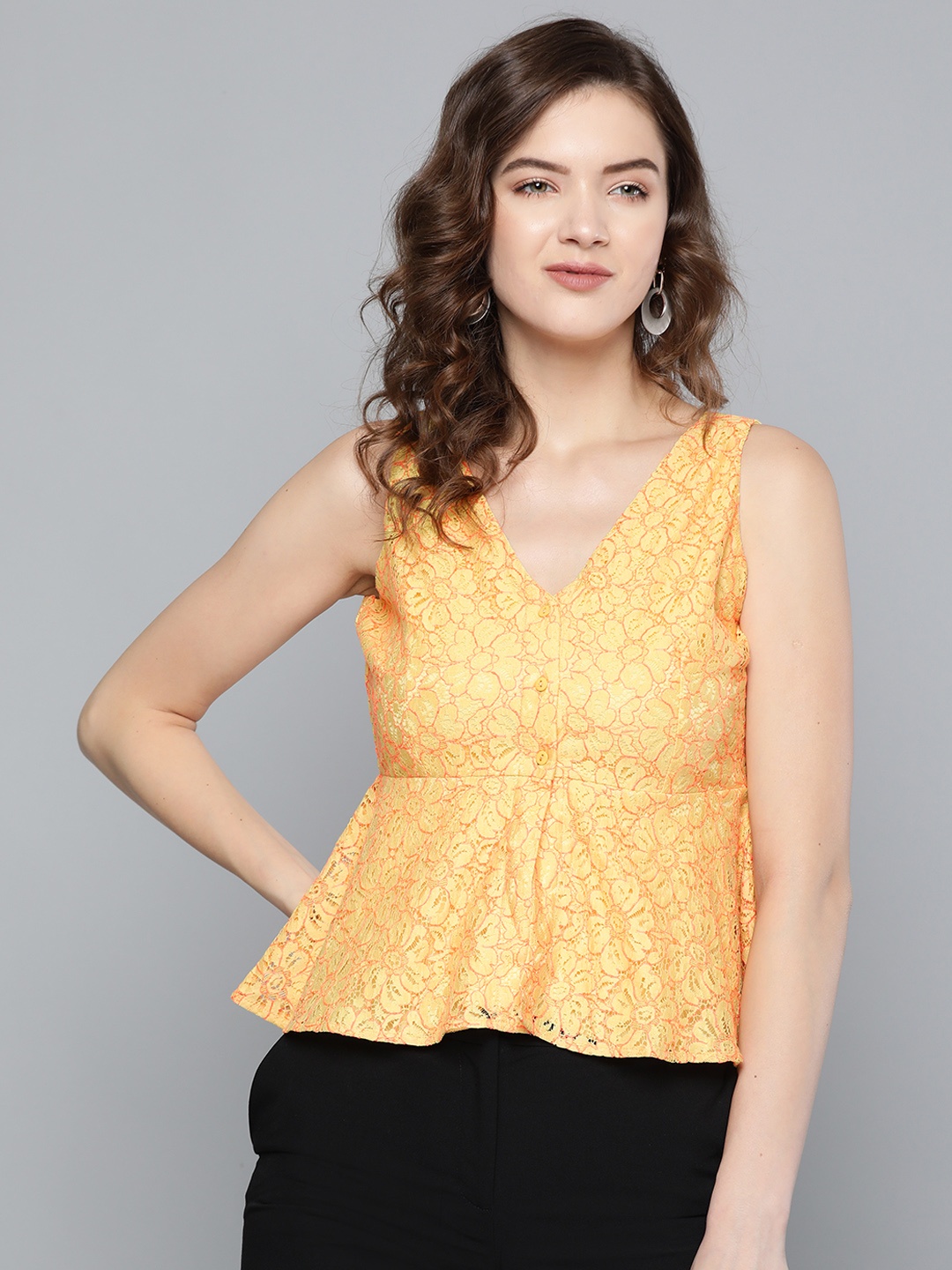 

SASSAFRAS Women Yellow Floral Lace Peplum Top