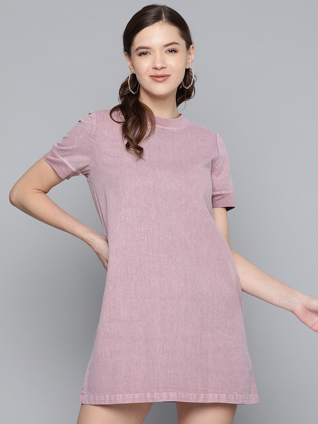 

SASSAFRAS Mauve Dyed Cotton Denim T-shirt Dress