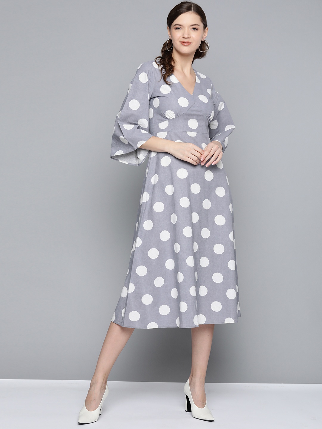 

SASSAFRAS Grey & White Polka Dot Print Cotton Linen Midi A-Line Dress
