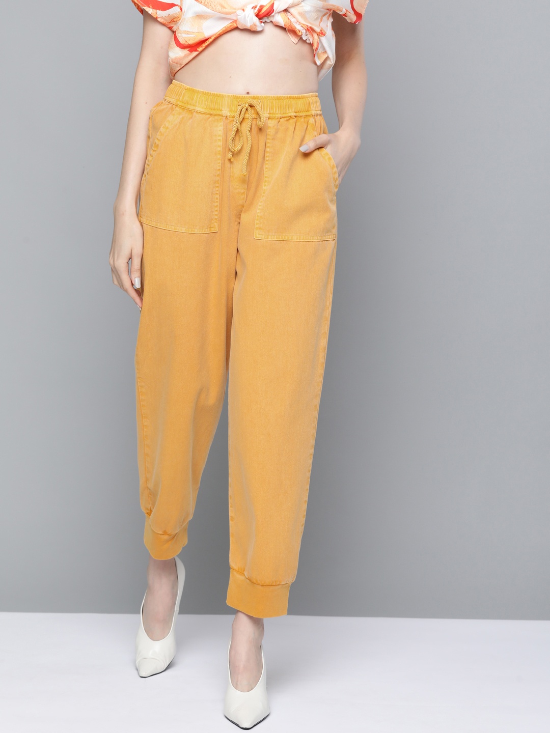 

SASSAFRAS Women Mustard Yellow Solid Cotton High-Rise Joggers