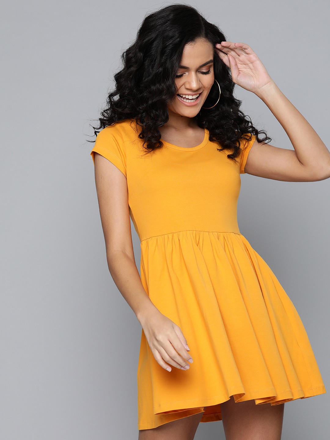 

SASSAFRAS Mustard Yellow Solid Mini Fit & Flare Dress