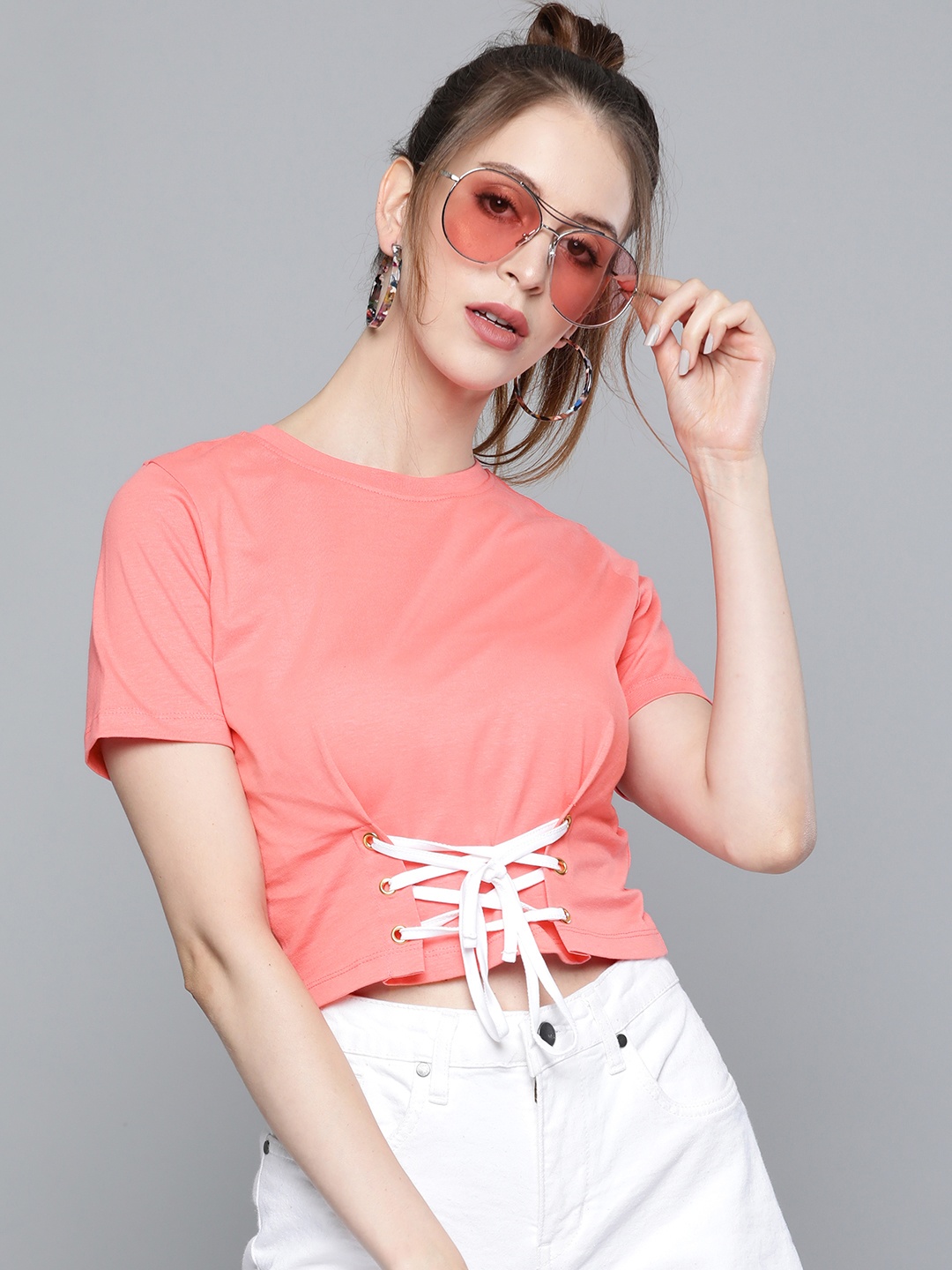 

SASSAFRAS Women Pink Pure Cotton Criss-Cross Detail Crop Top
