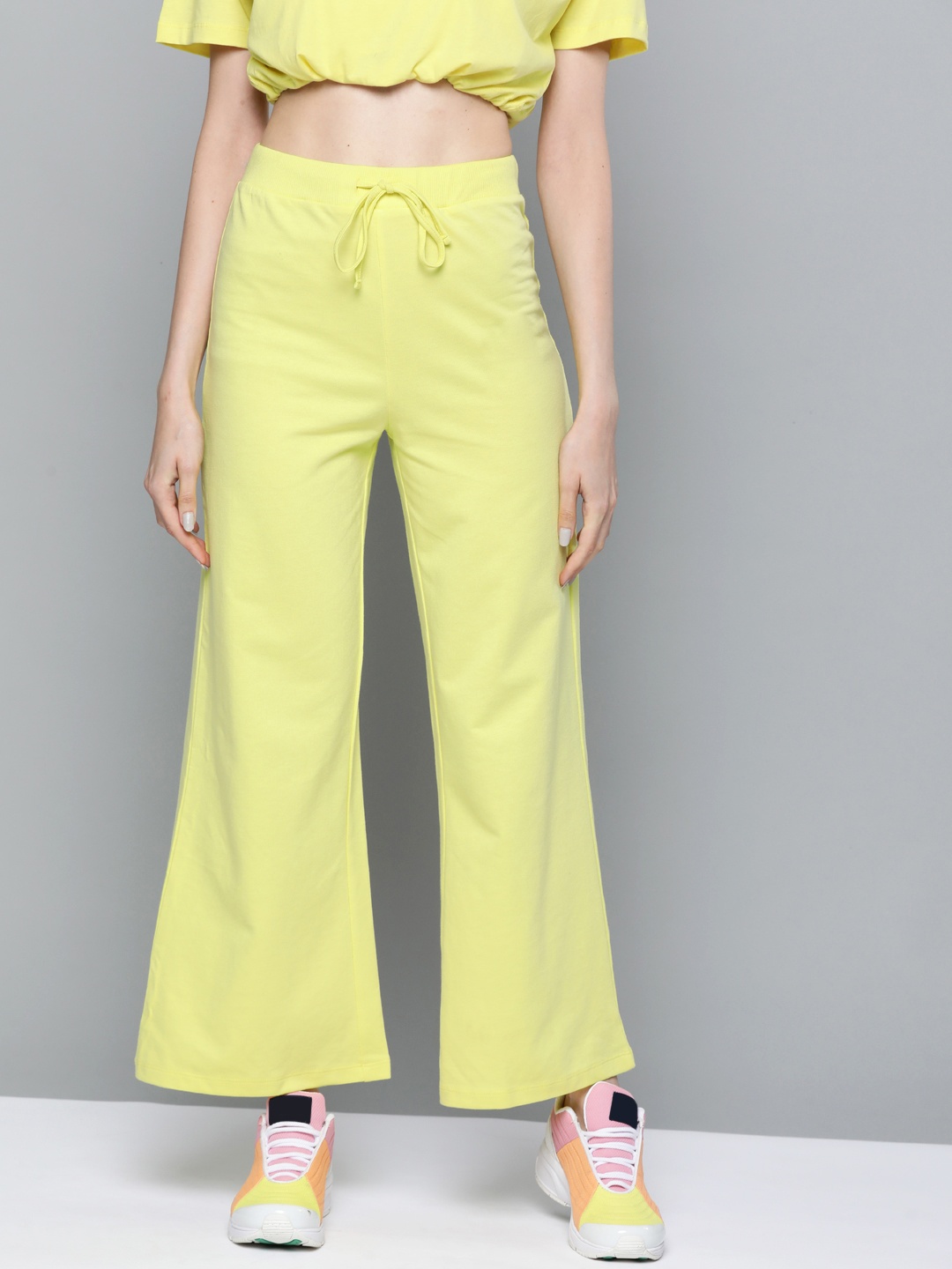 

SASSAFRAS Women Fluorescent Green High-Rise Crop Wide Leg Track Pants