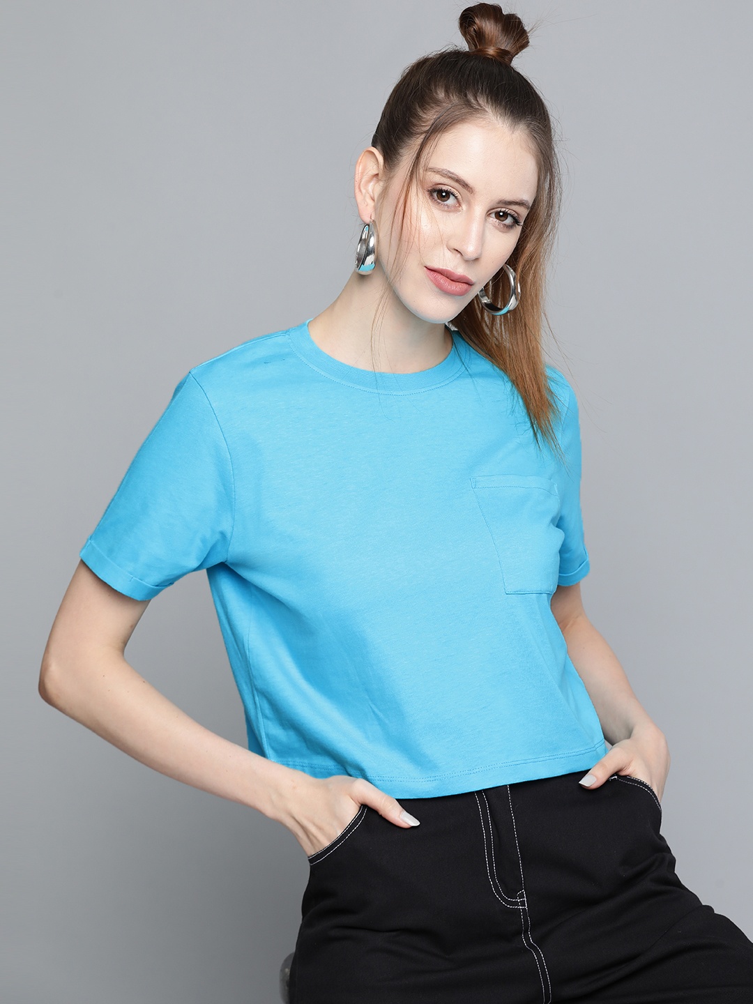 

SASSAFRAS Women Blue Solid Pure Cotton Boxy Pure Cotton T-shirt