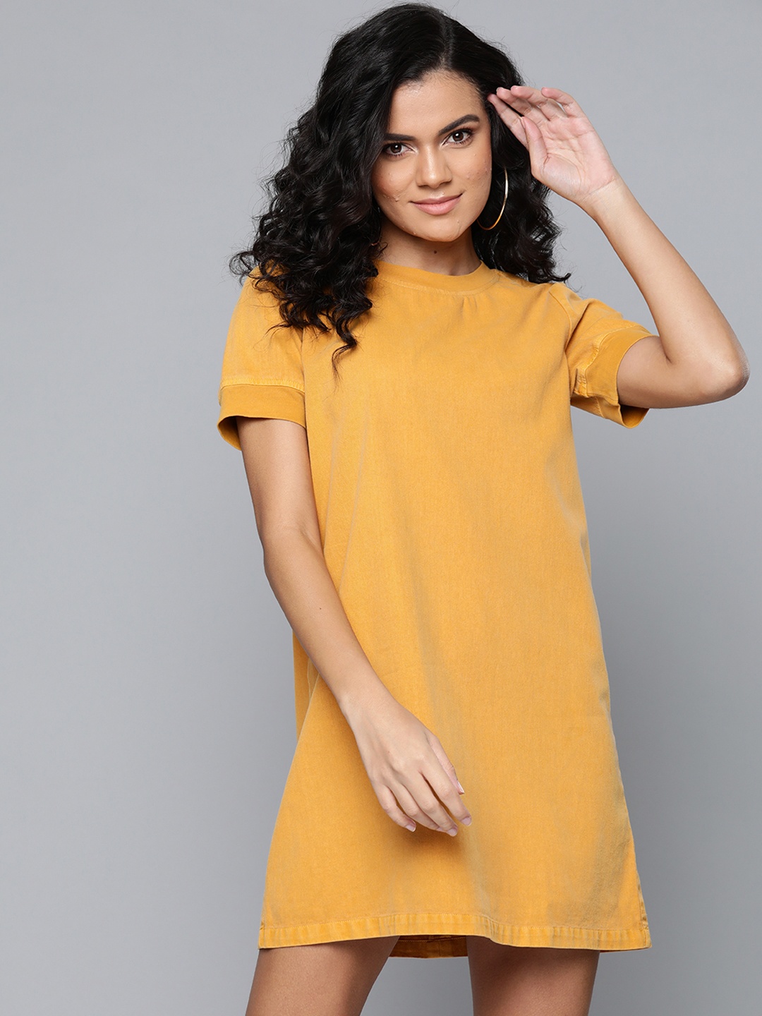 

SASSAFRAS Mustard Yellow Solid Pure Cotton T-shirt Dress