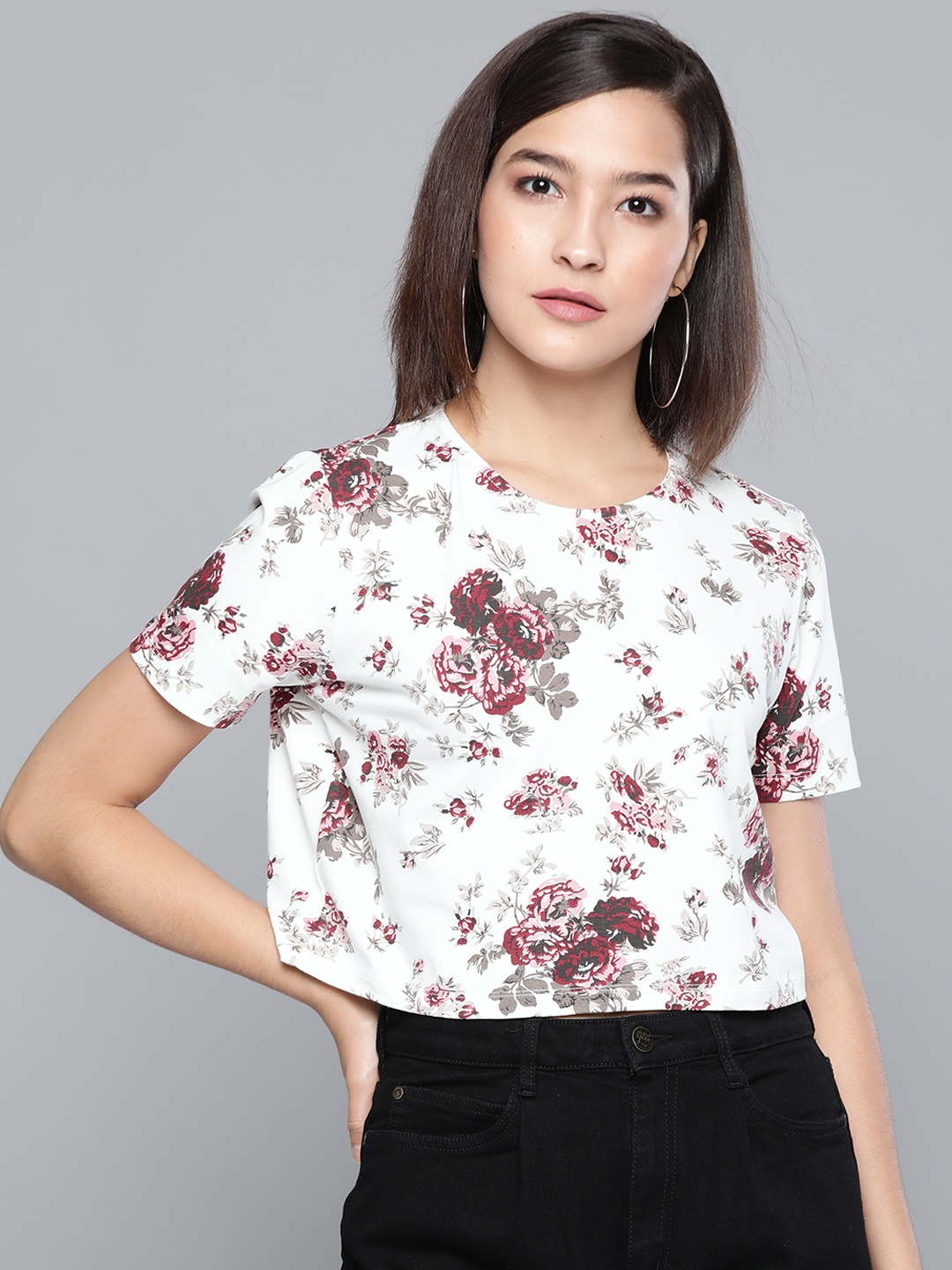 

SASSAFRAS Women White & Maroon Floral Printed Boxy T-shirt