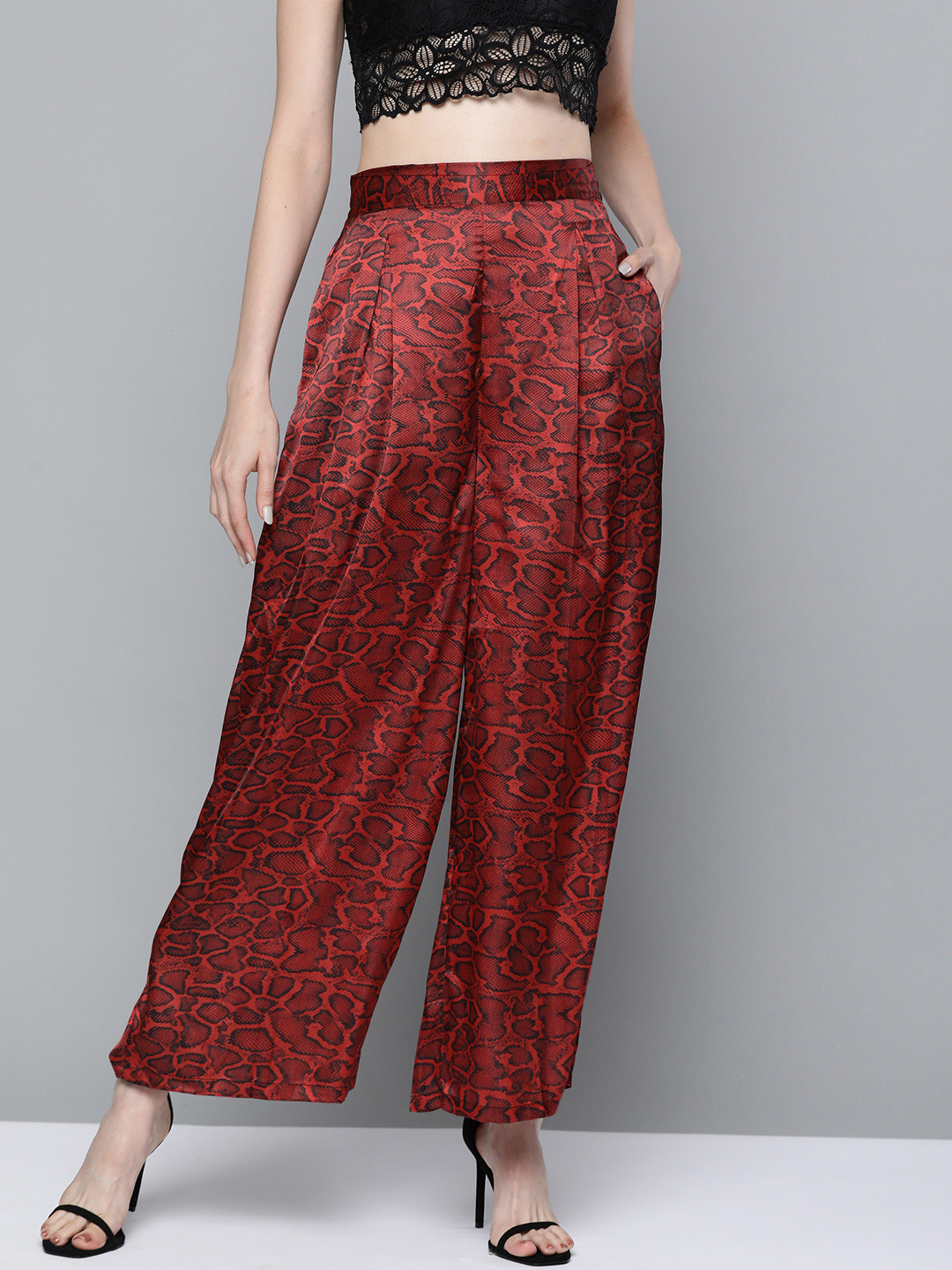 

SASSAFRAS Women Red & Black Snake Skin Print Wide Leg Trousers