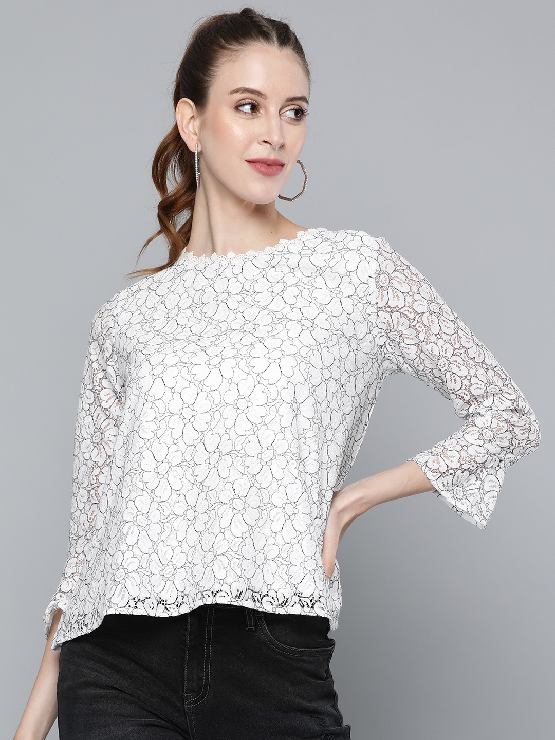 

SASSAFRAS White & Black Floral Printed Bell Sleeve Lace Top