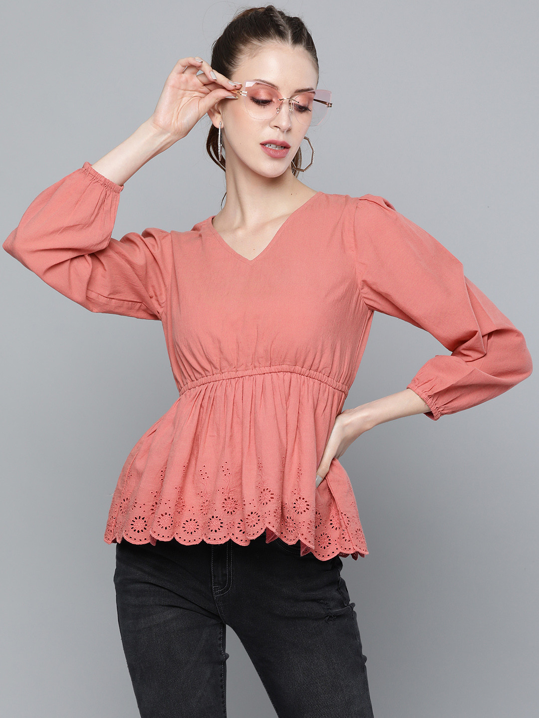 

SASSAFRAS Pink Pure Cotton Solid Puff Sleeve Empire Top
