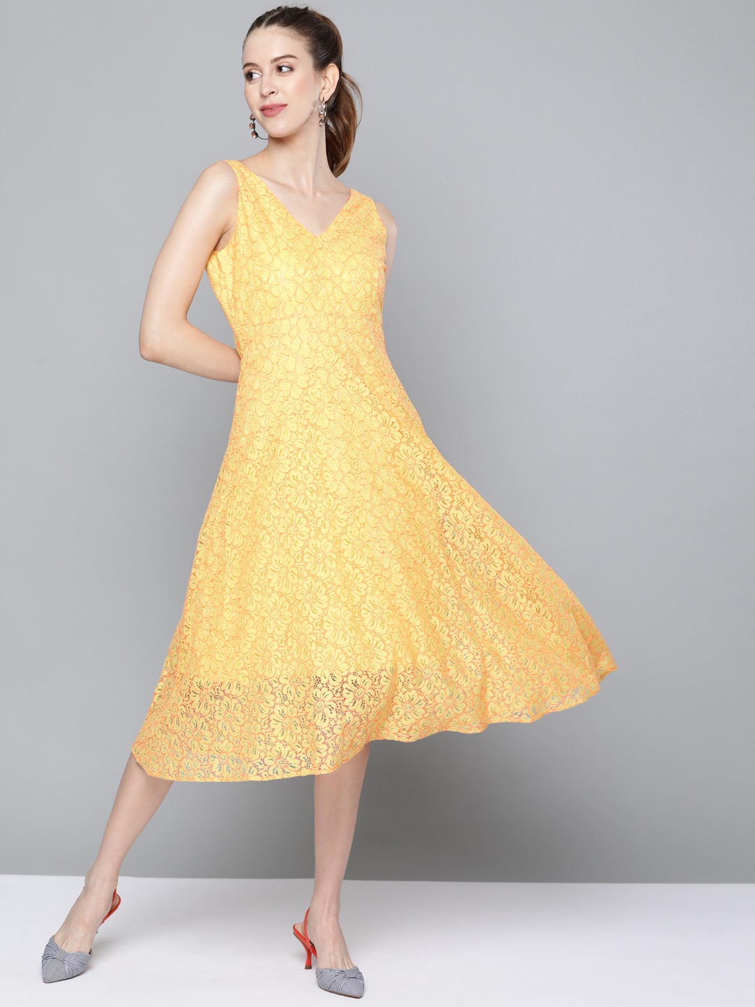 

SASSAFRAS Mustard Yellow & Pink Floral Lace Midi Fit & Flare Dress