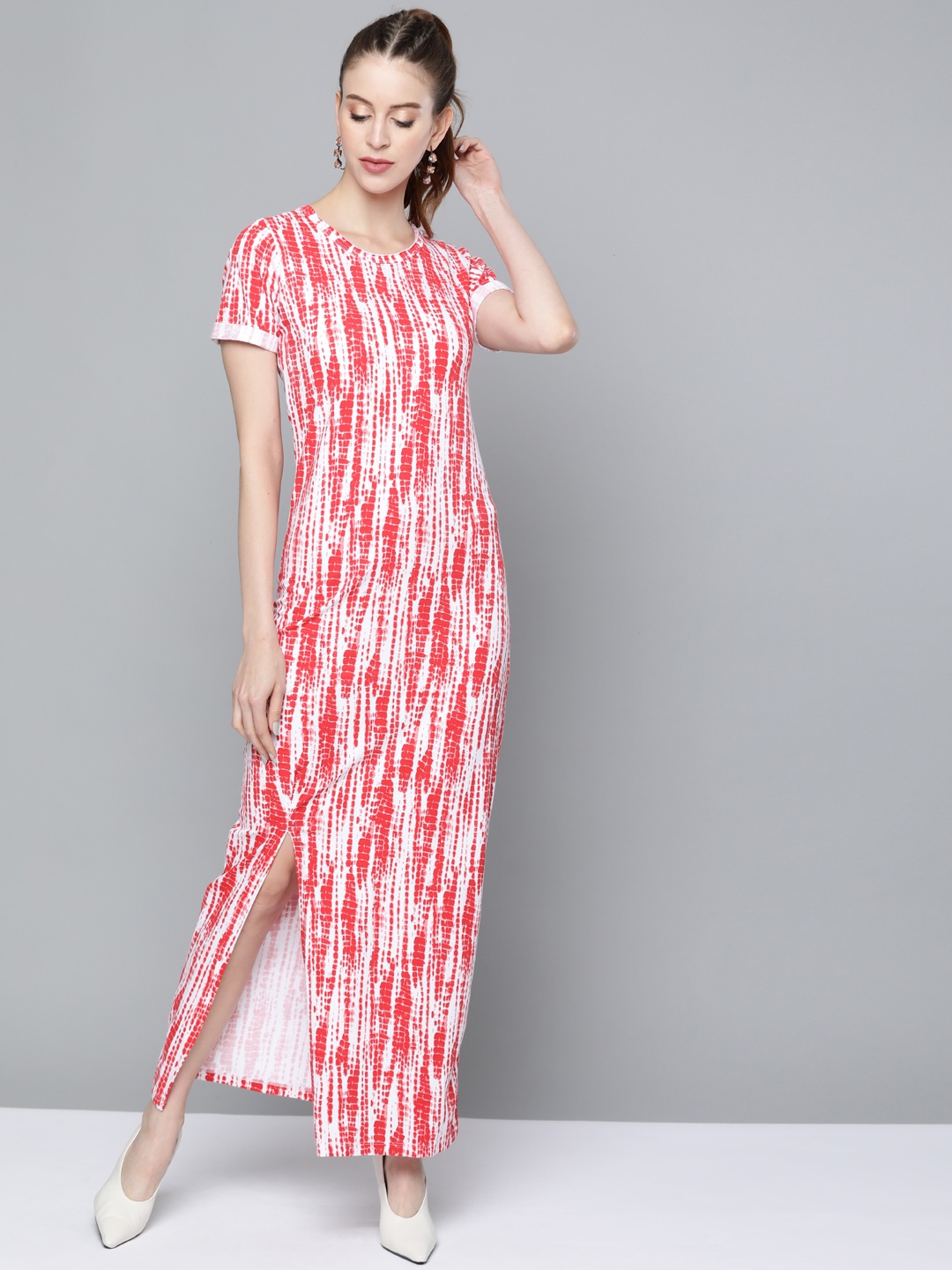 

SASSAFRAS Red & White Tie & Dye Criss-Cross Back Front Slit Maxi Dress