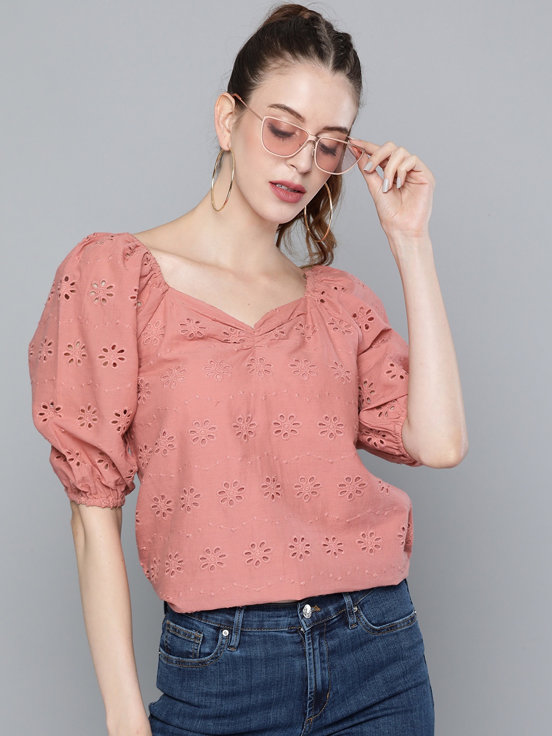 

SASSAFRAS Peach-Coloured Floral Schiffli Embroidery Sweetheart Neck Puff Sleeve Pure Cotton Top
