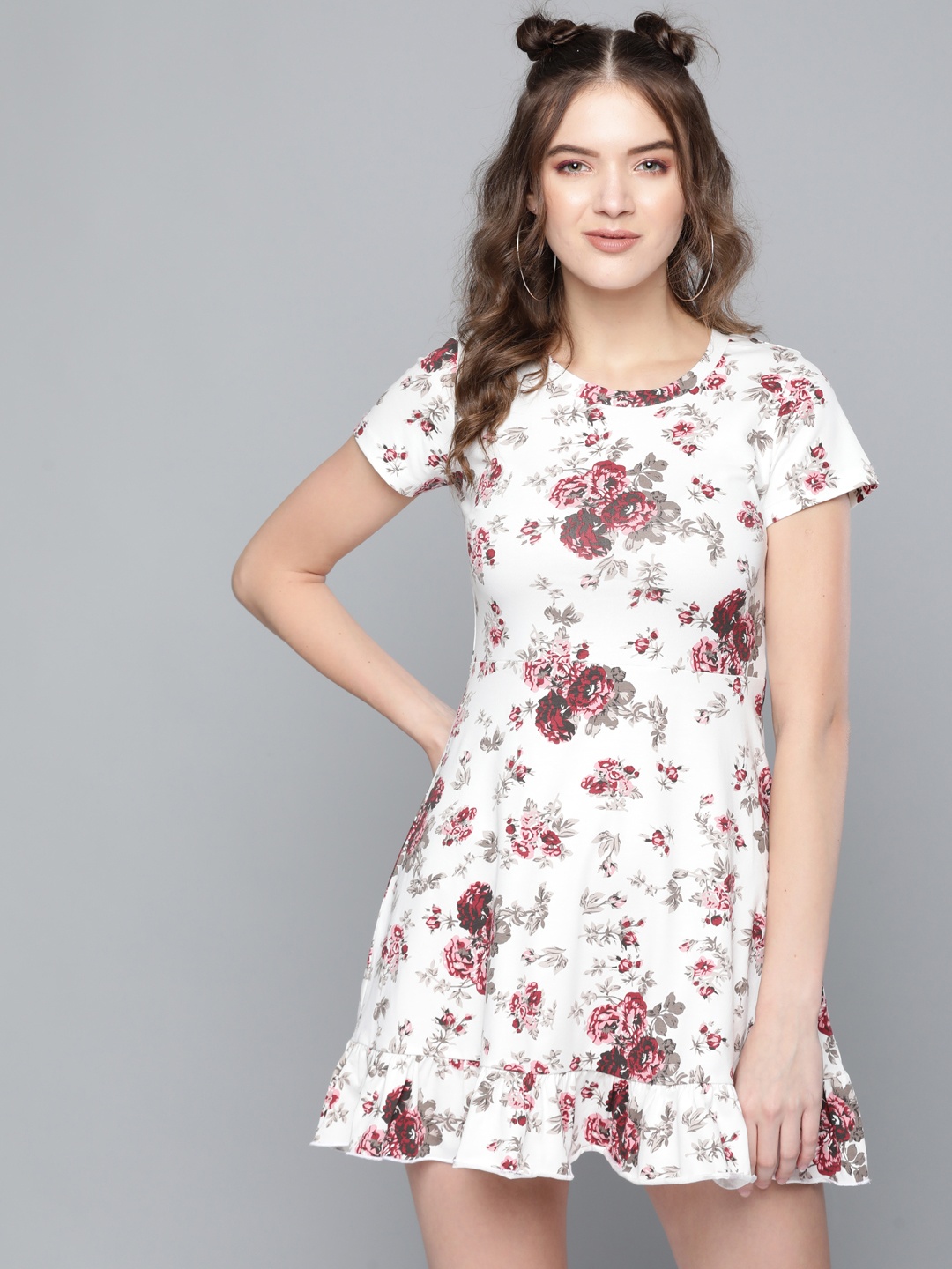 

SASSAFRAS Women Off White & Maroon Floral Print A-Line Dress