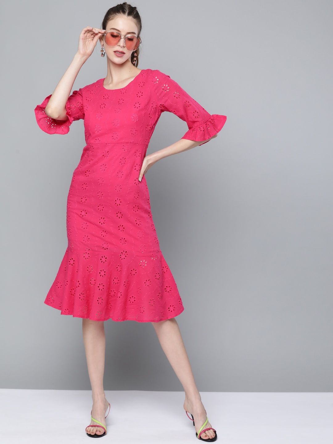 

SASSAFRAS Fuchsia Pure Cotton Schiffli Embroidered A-Line Dress