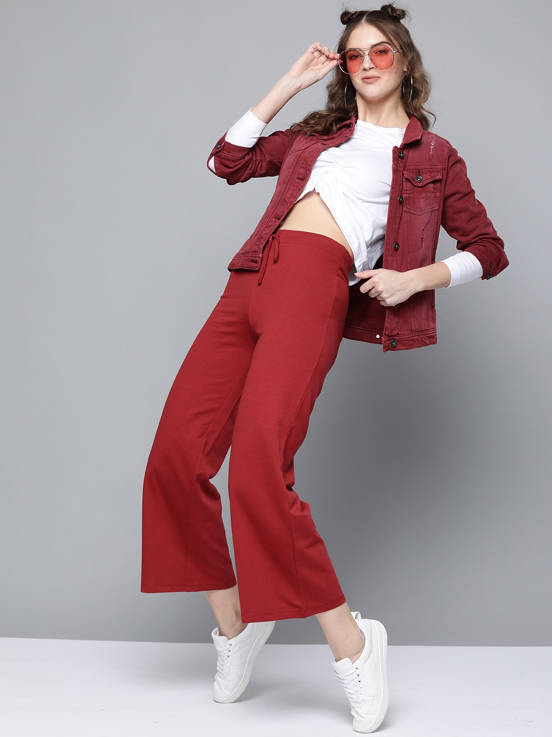 

SASSAFRAS Women Red Solid High-Rise Cropped Wide Leg Track Pants