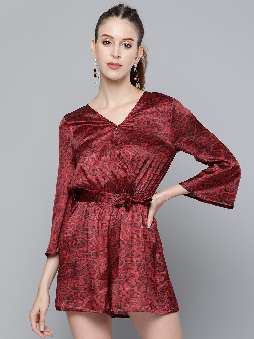 

SASSAFRAS Red & Black Animal Print Satin Playsuit