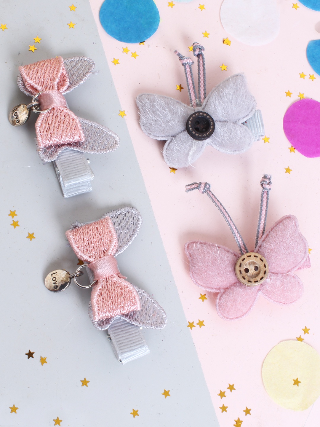 

lil' star Girls Set of 4 Grey & Pink Bow & Butterflies Embellished Rubber Bands Set