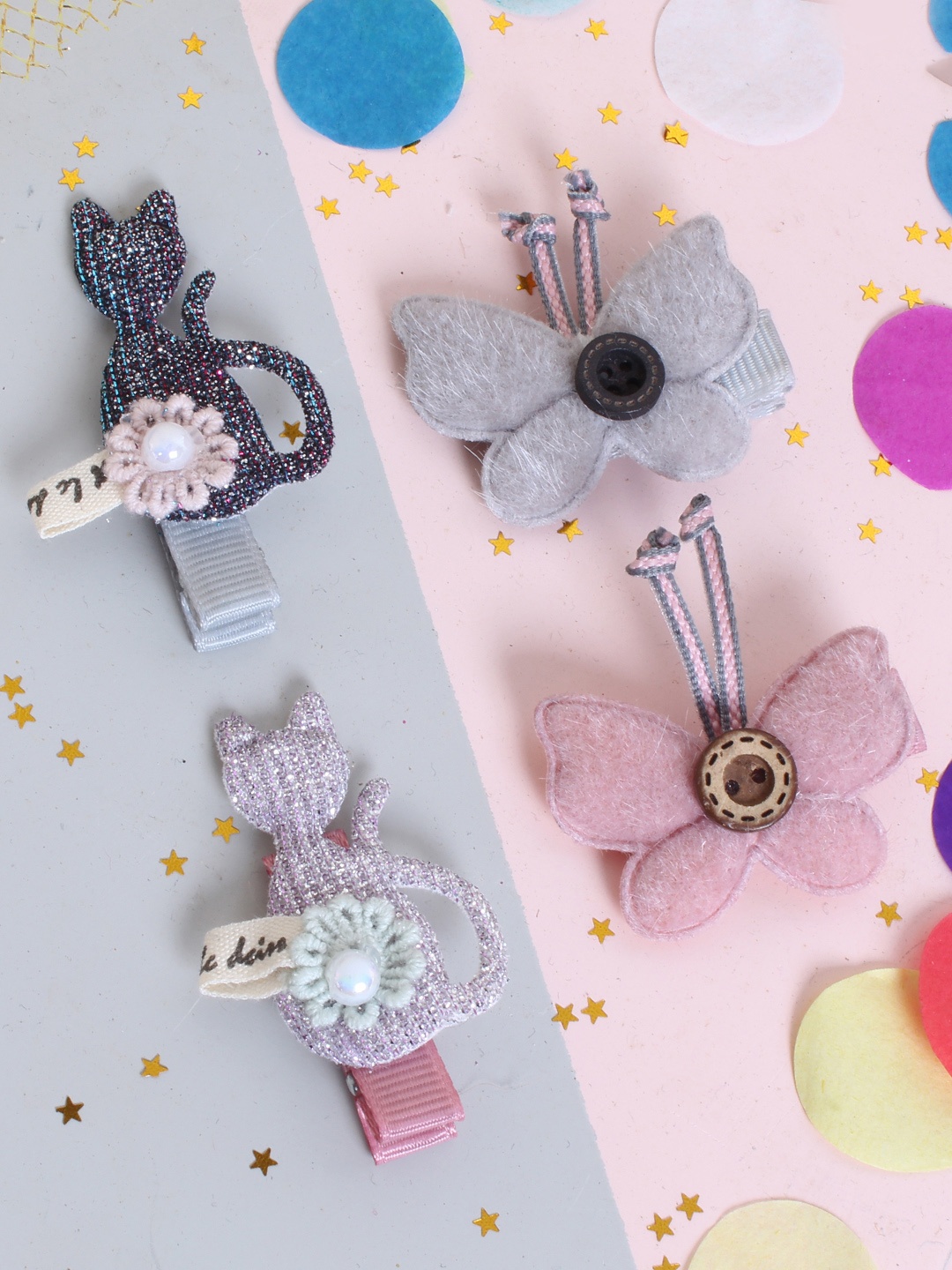 

lil' star Girls Set of 4 Pink & Grey Cat & Butterfly Embellished Rubber Bands Set