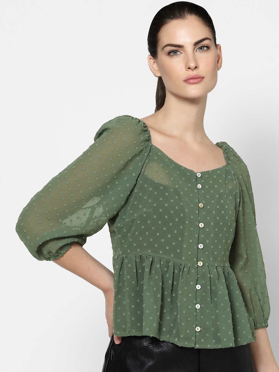 

ONLY Green Sweetheart Neck Puff Sleeve Peplum Top