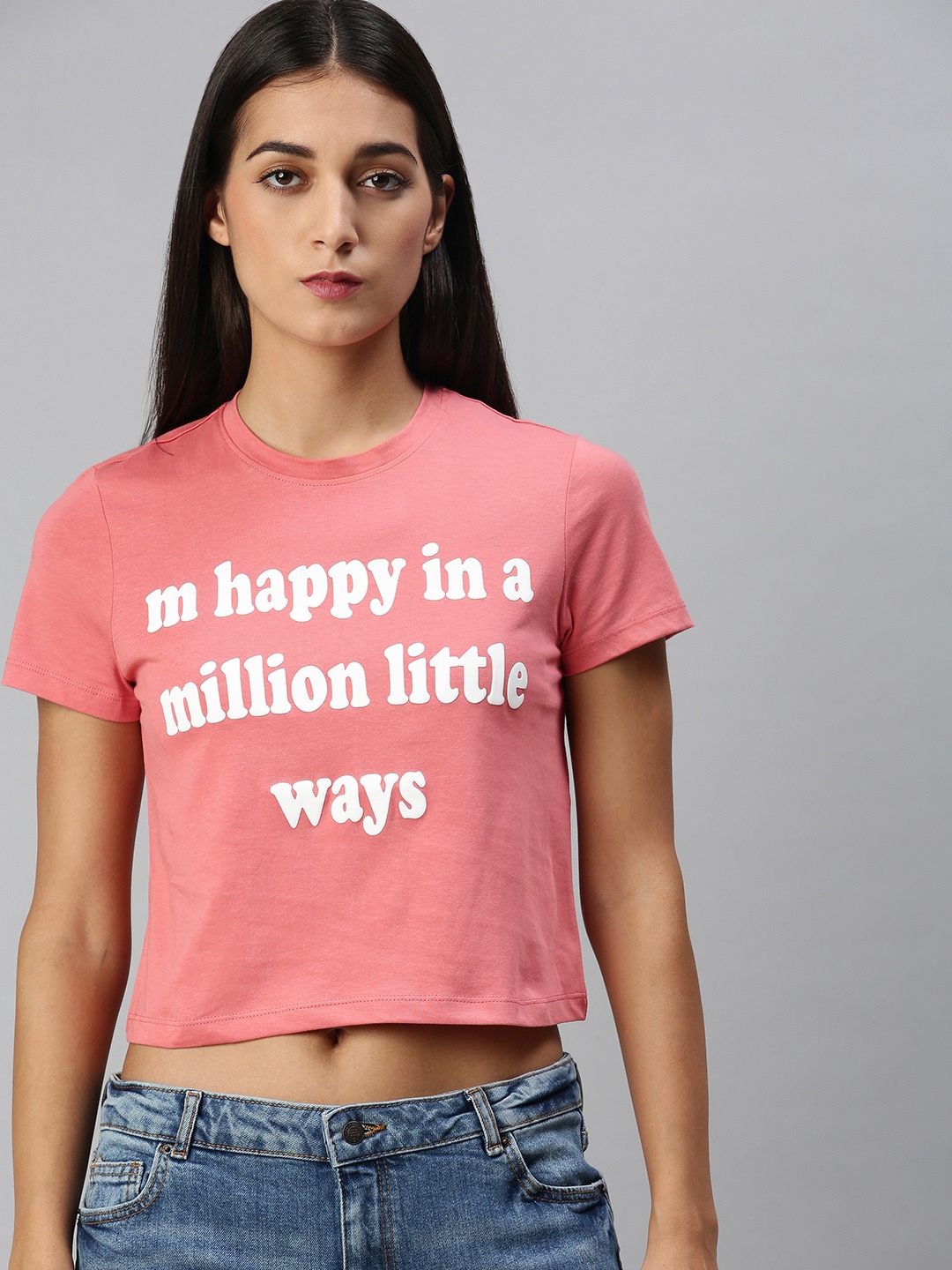 

ONLY Women Pink Typography Printed Cropped Pure Cotton T-shirt