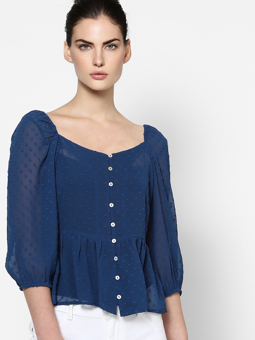 

ONLY Women Blue Puff Sleeve Peplum Top