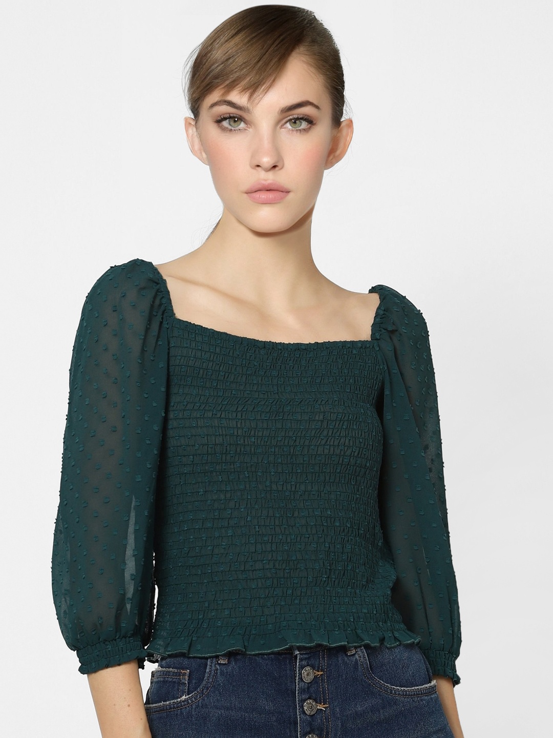 

ONLY Women Green Puff Sleeve Smocked Fitted Top