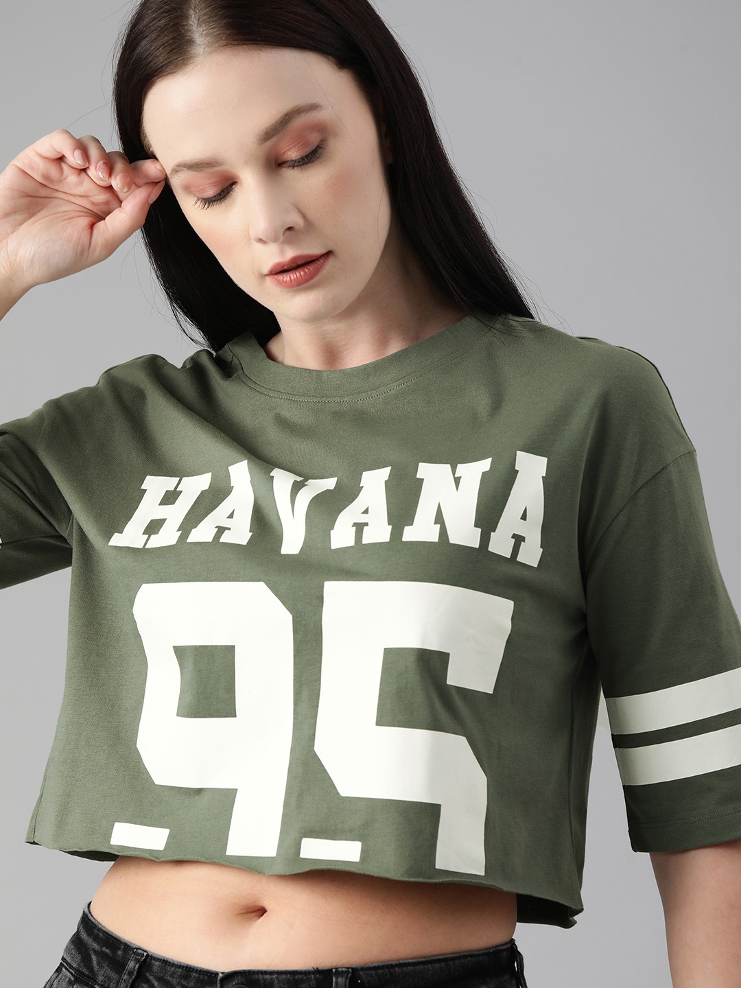 

ONLY Women Green White Typography Printed Extended Sleeves Pure Cotton T-shirt