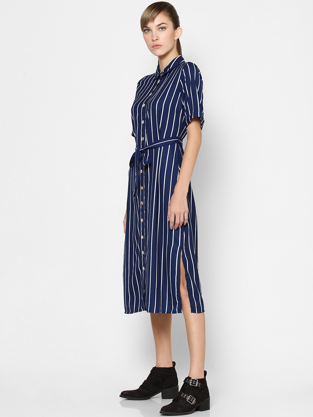 

ONLY Women Blue & White Striped Shirt Midi Dress