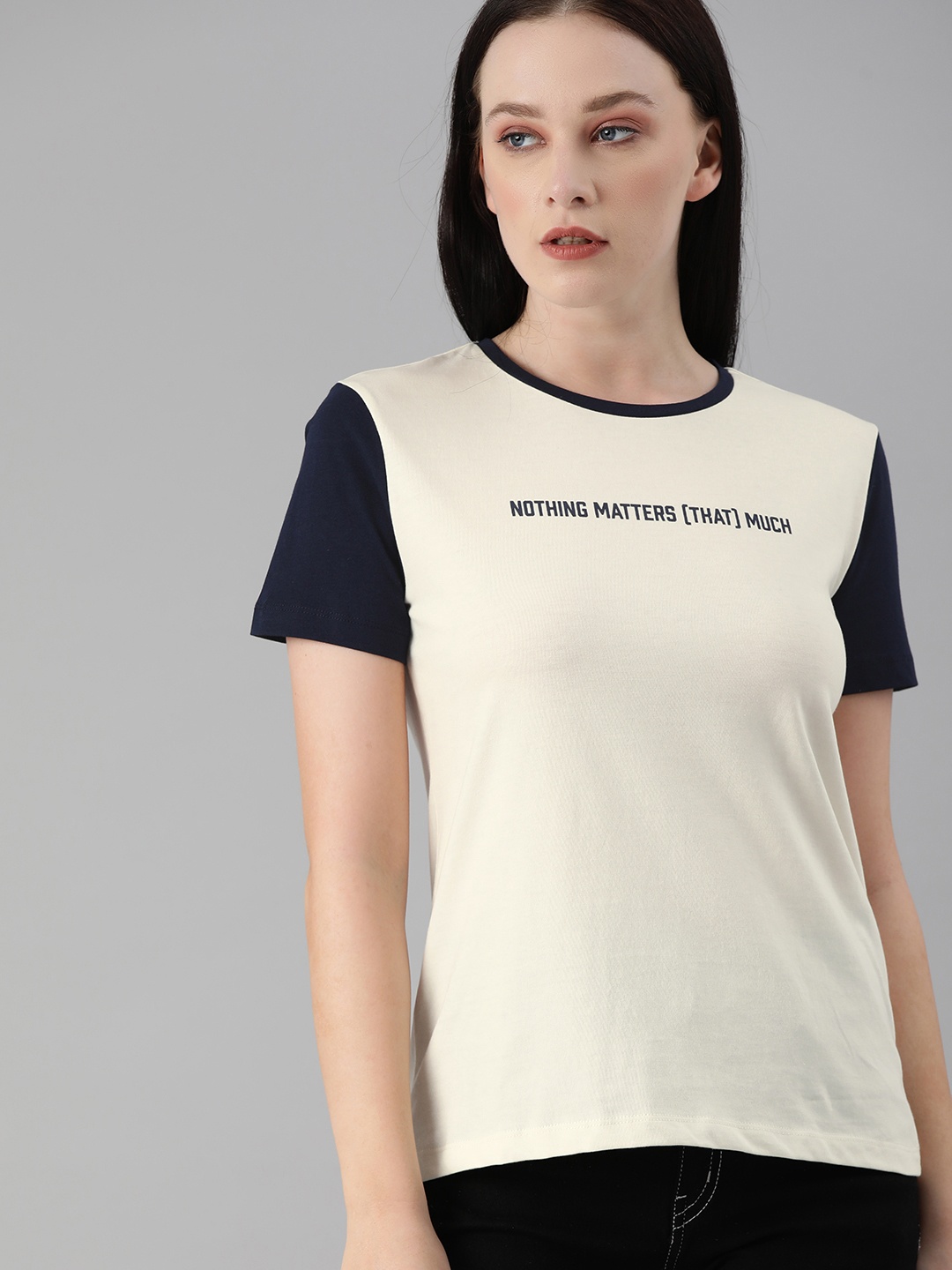 

ONLY Women Off White Black Typography Printed Pure Cotton T-shirt