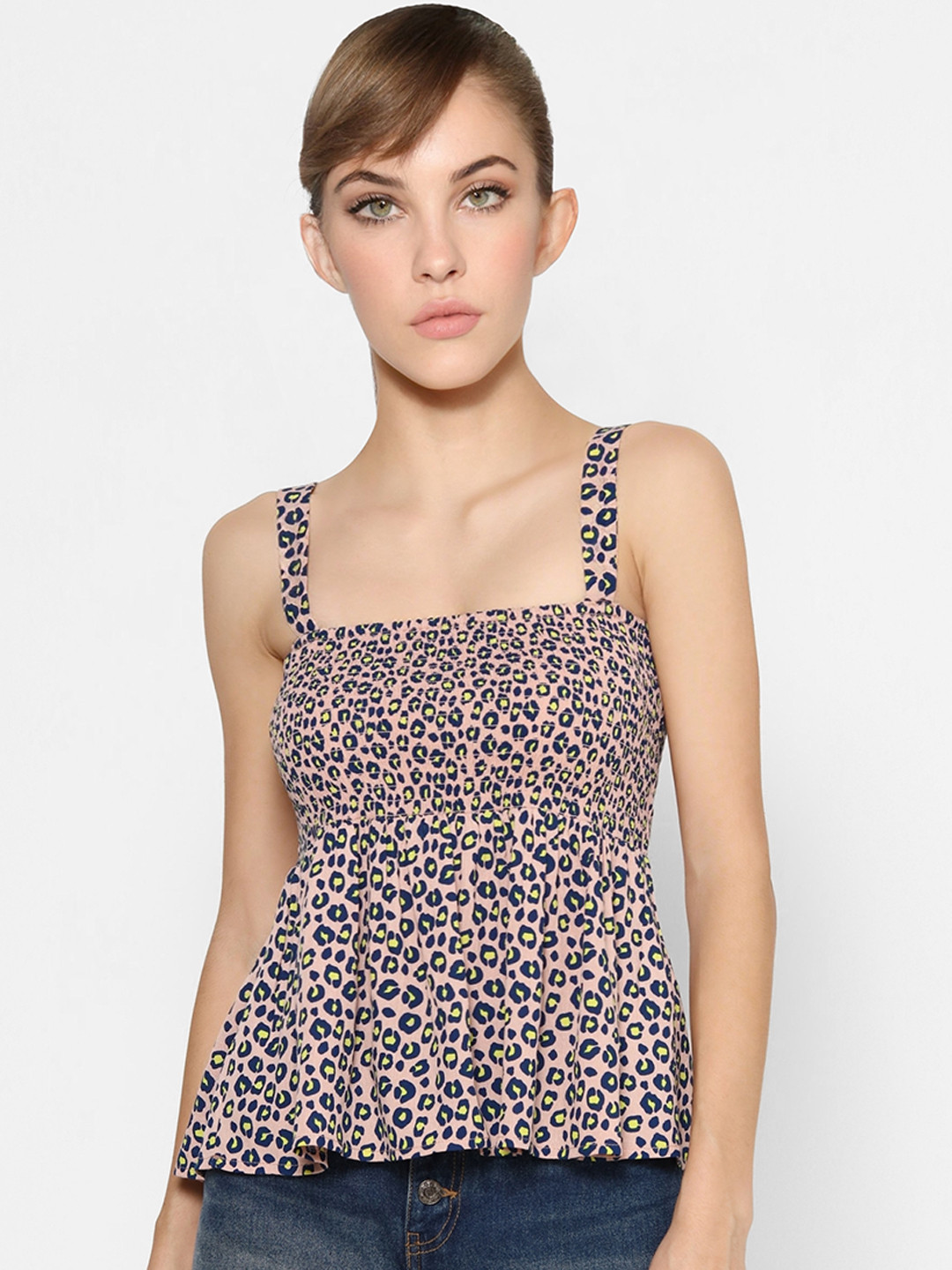

ONLY Women Coral Pink & Navy Blue Animal Printed Empire Top