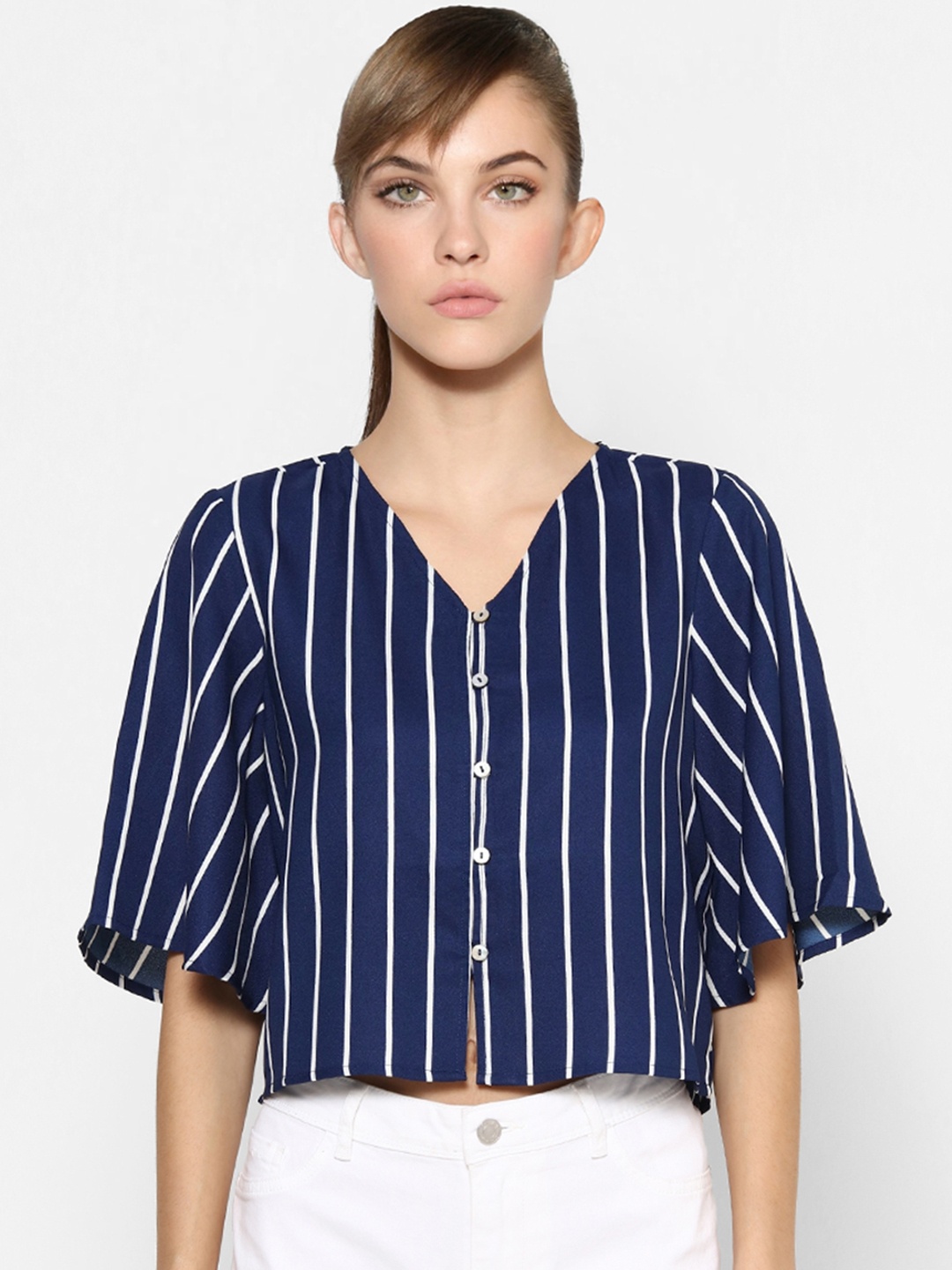 

ONLY Women Navy Blue & White Striped Shirt Style Crop Top