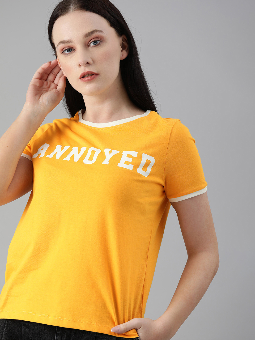 

ONLY Women Yellow White Typography Printed Pure Cotton T-shirt