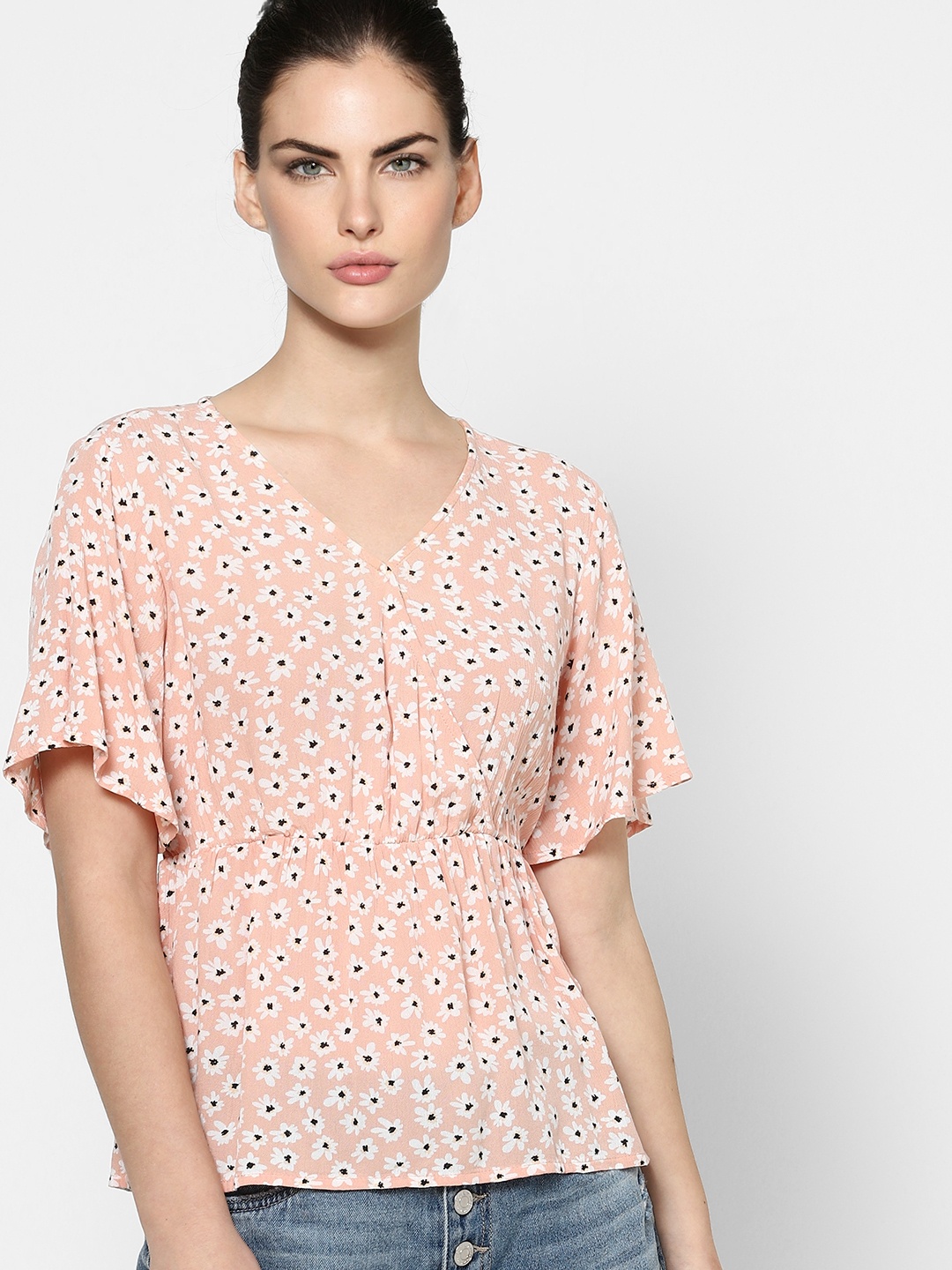 

ONLY Women Coral Pink & White Floral Peplum Top