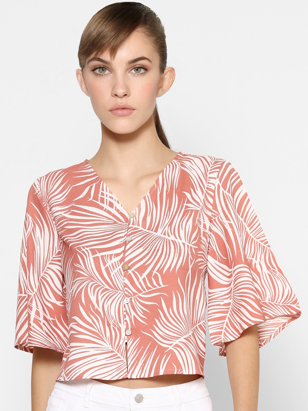 

ONLY Women Rust Brown & White Floral Regular Crop Top