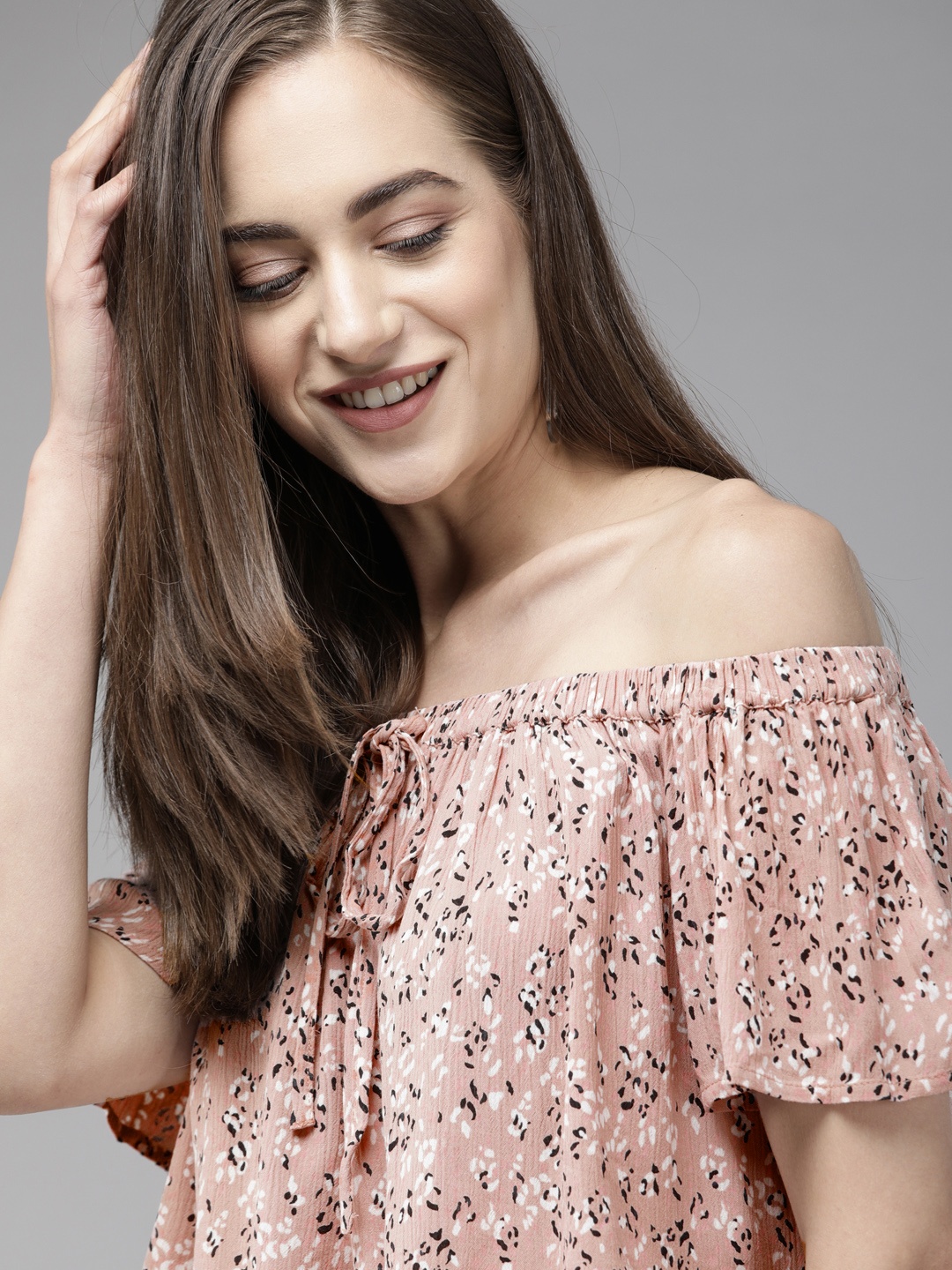 

ONLY Pink & Black Off-Shoulder Flared Sleeve Bardot Crop Top