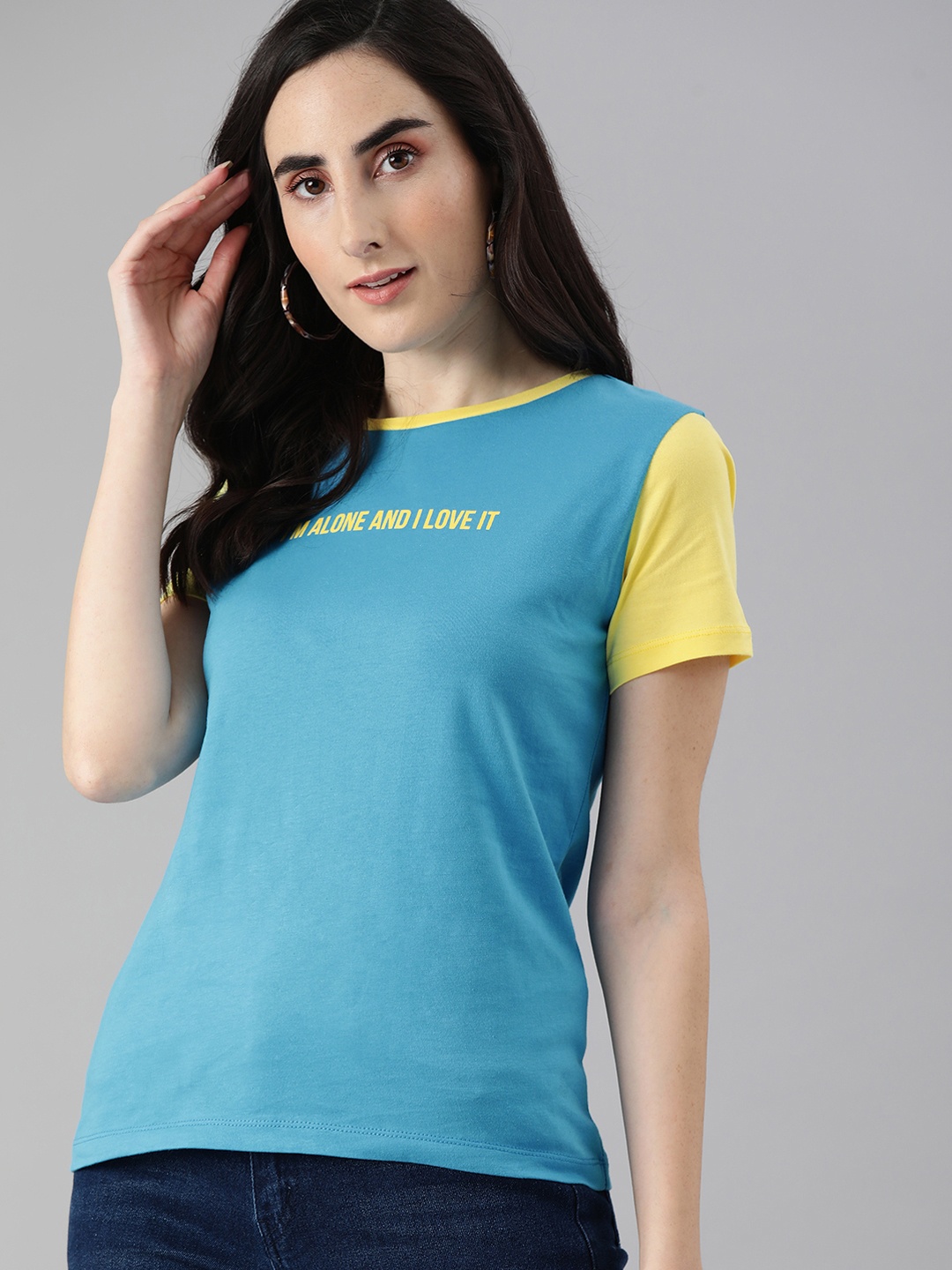 

ONLY Women Blue Typography Printed Pure Cotton T-shirt