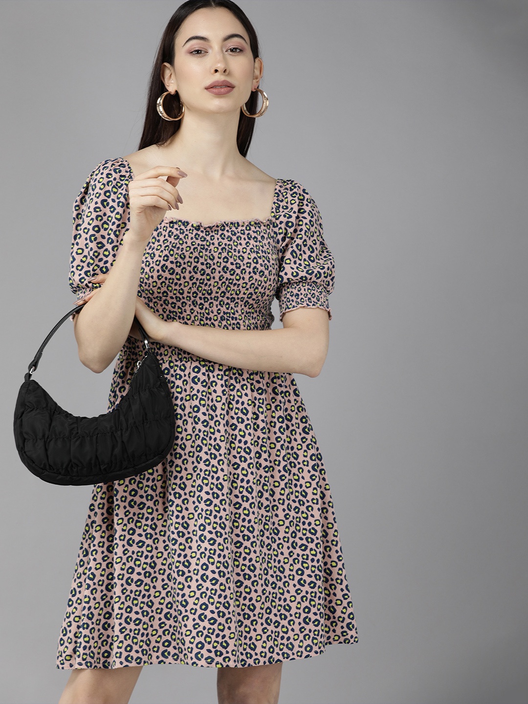 

ONLY Women Pink & Navy Blue Smocked Animal Print Fit & Flare Dress