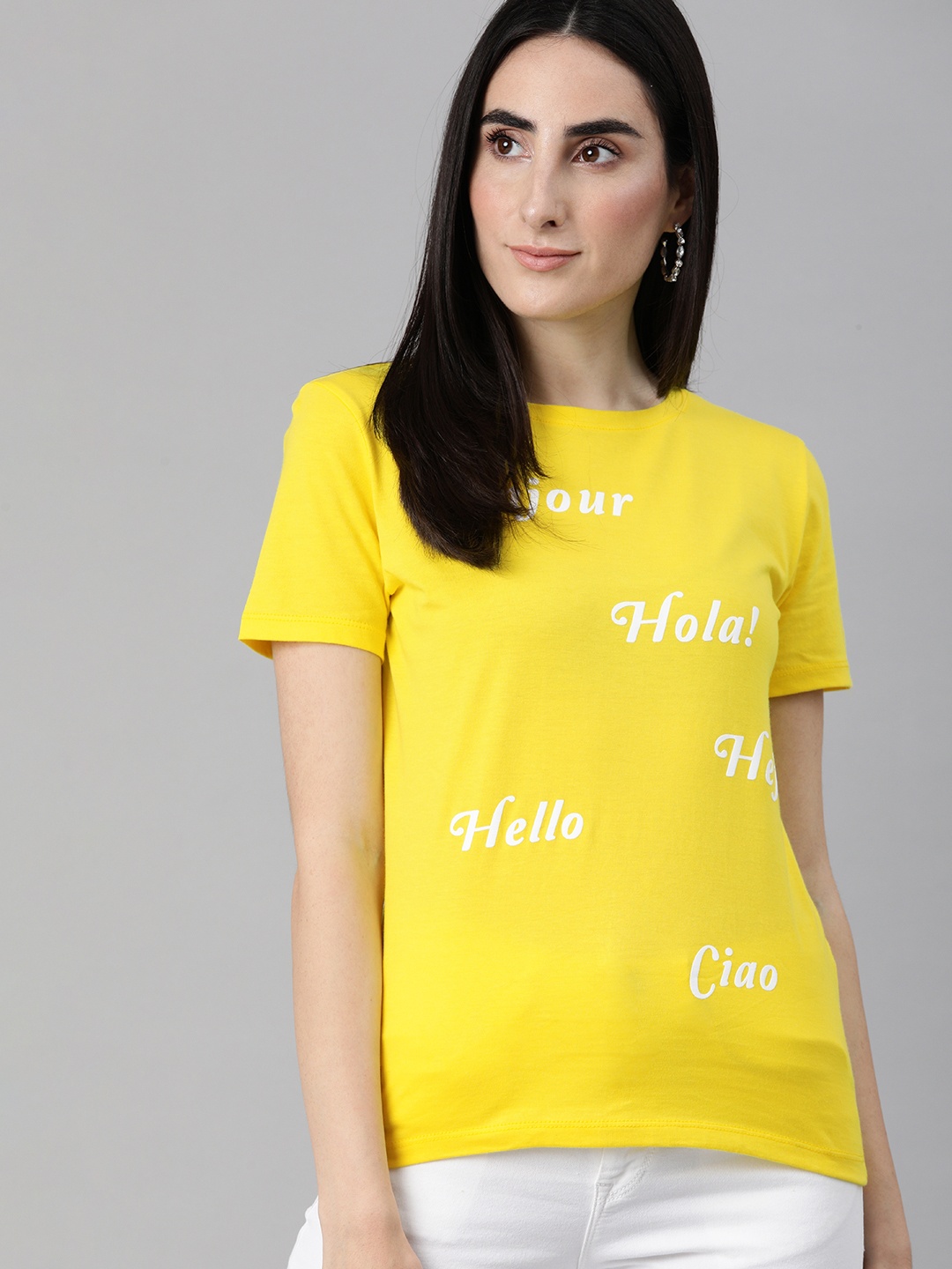 

ONLY Women Yellow White Typography Printed Pure Cotton T-shirt