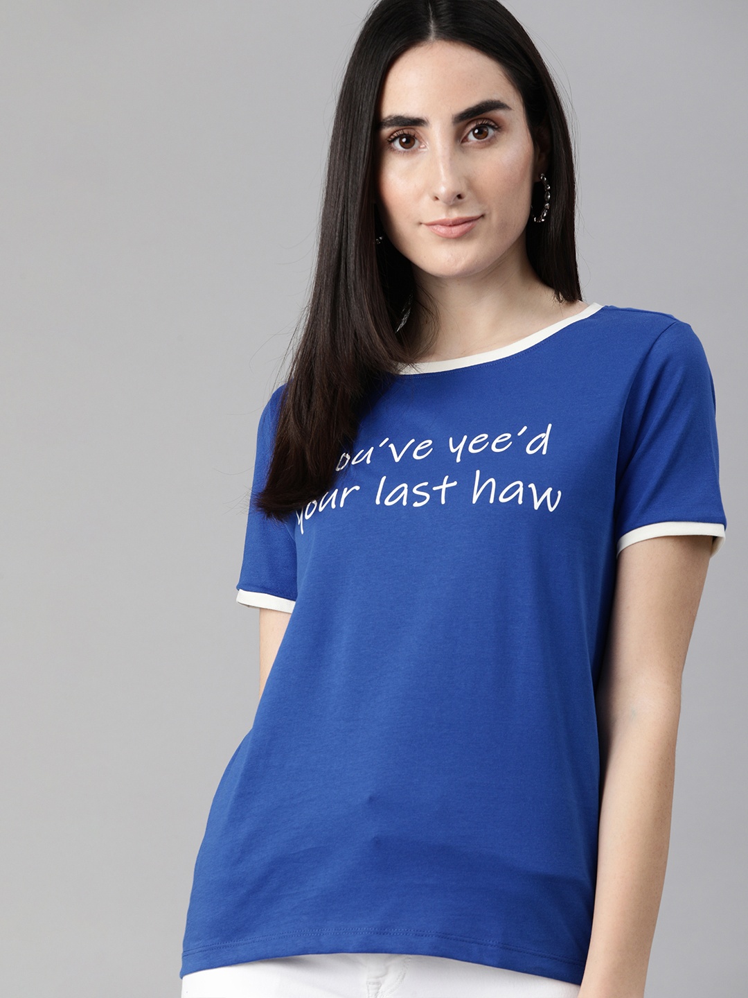 

ONLY Women Blue White Typography Printed Pure Cotton T-shirt