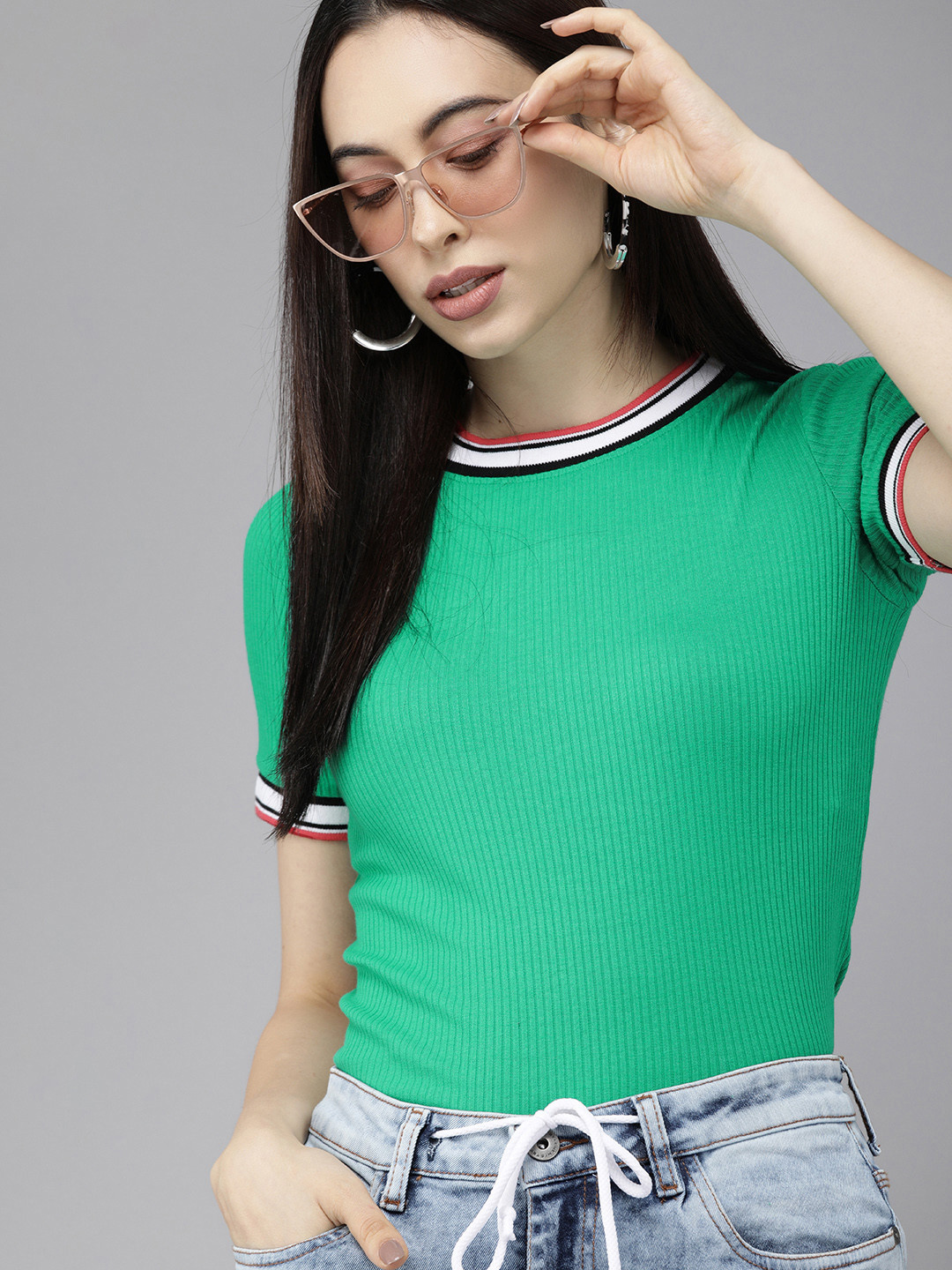 

ONLY Women Sea Green Self- Designed Slim Fit T-shirt