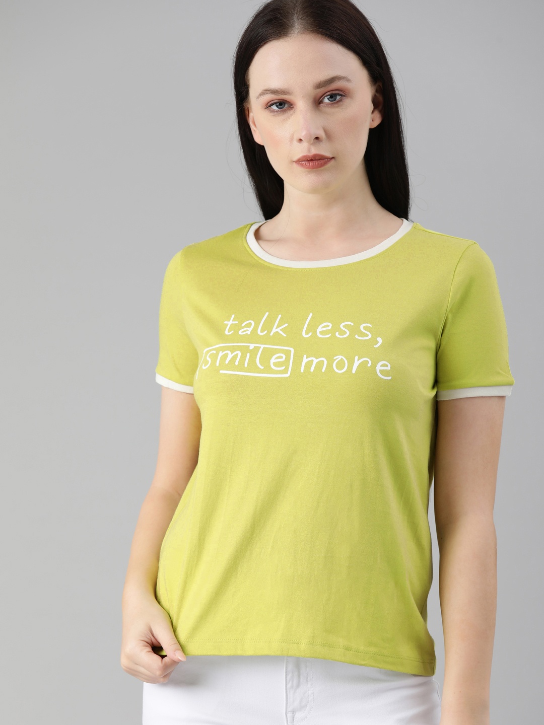 

ONLY Women Lime Green Typography Printed Pure Cotton T-shirt