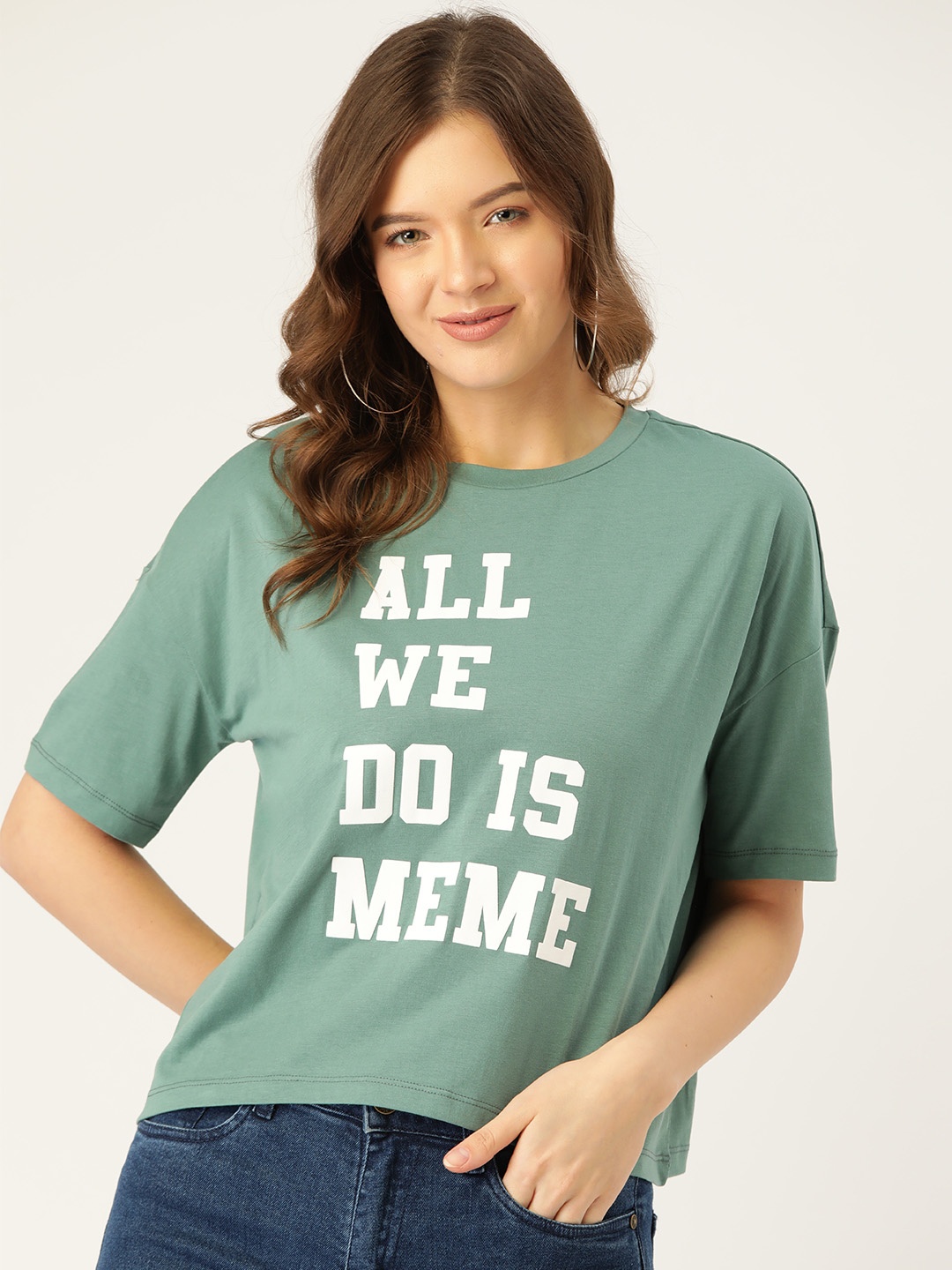 

ONLY Women Green & White Typography Printed Drop-Shoulder Sleeves T-shirt