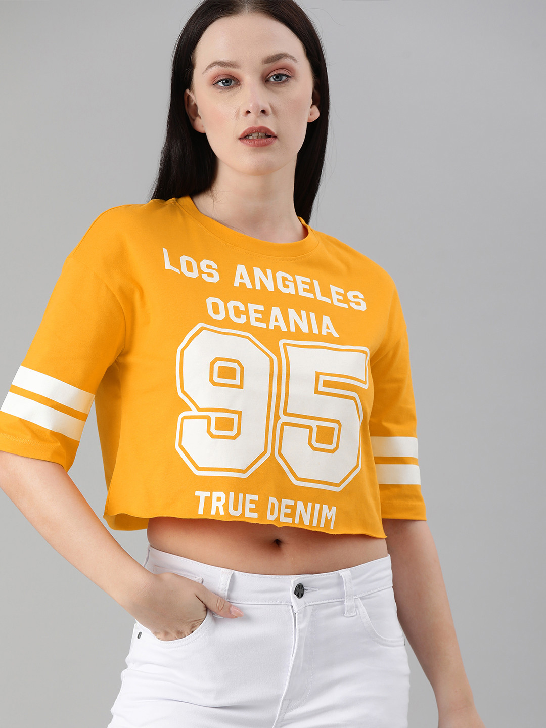 

ONLY Women Orange Typography Printed Drop-Shoulder Sleeves Cropped Pure Cotton T-shirt