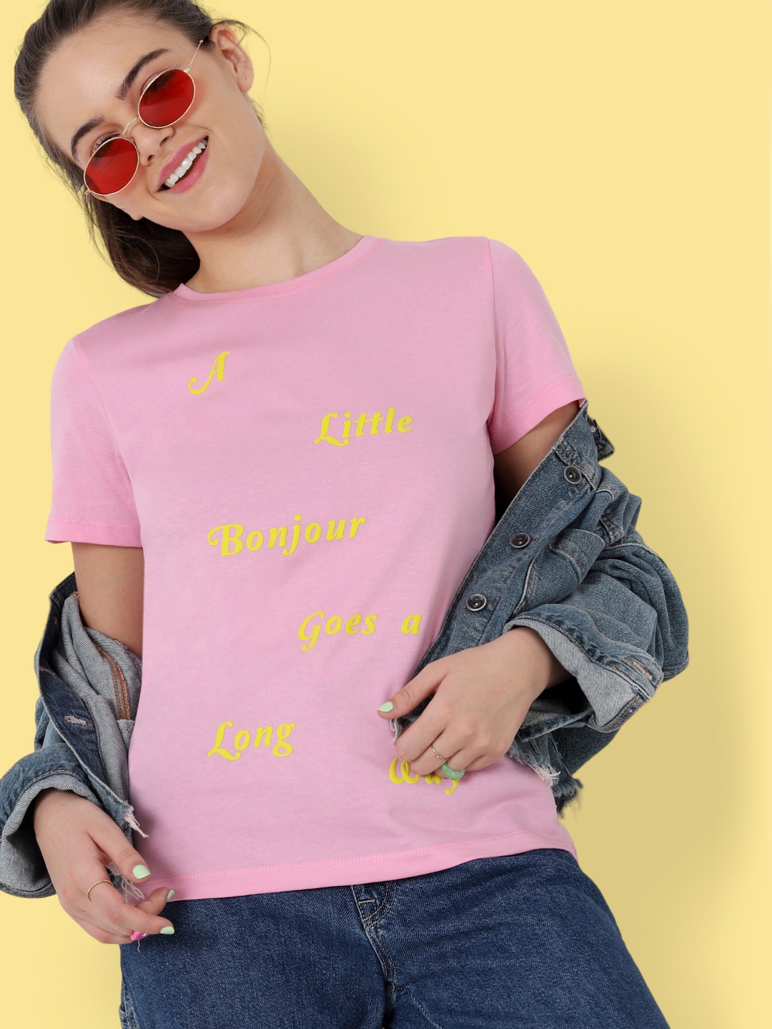 

ONLY Women Pink Yellow Typography Printed Pure Cotton T-shirt