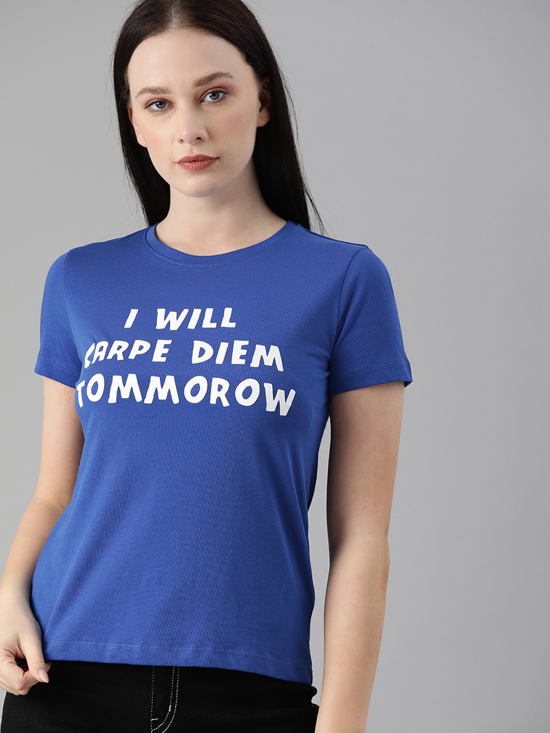 

ONLY Women Blue White Typography Printed Pure Cotton T-shirt