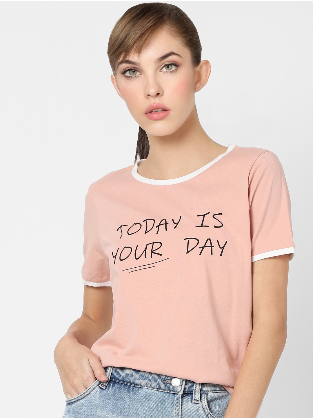 

ONLY Women Peach-Coloured Typography Printed T-shirt